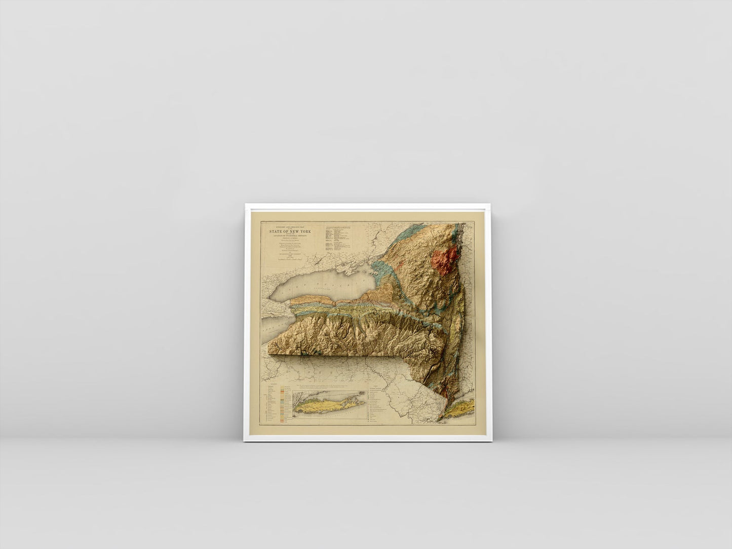 New York State (USA) vintage framed shaded relief map in white frame. Artistic print highlighting mountains with a realistic 3d effect