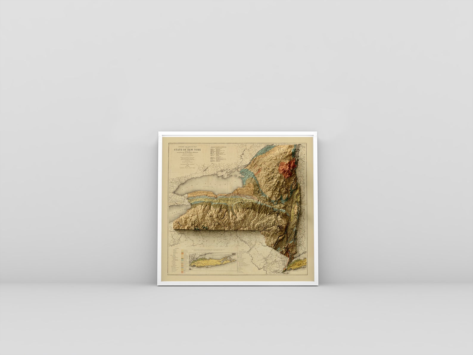 New York State (USA) vintage framed shaded relief map in white frame. Artistic print highlighting mountains with a realistic 3d effect