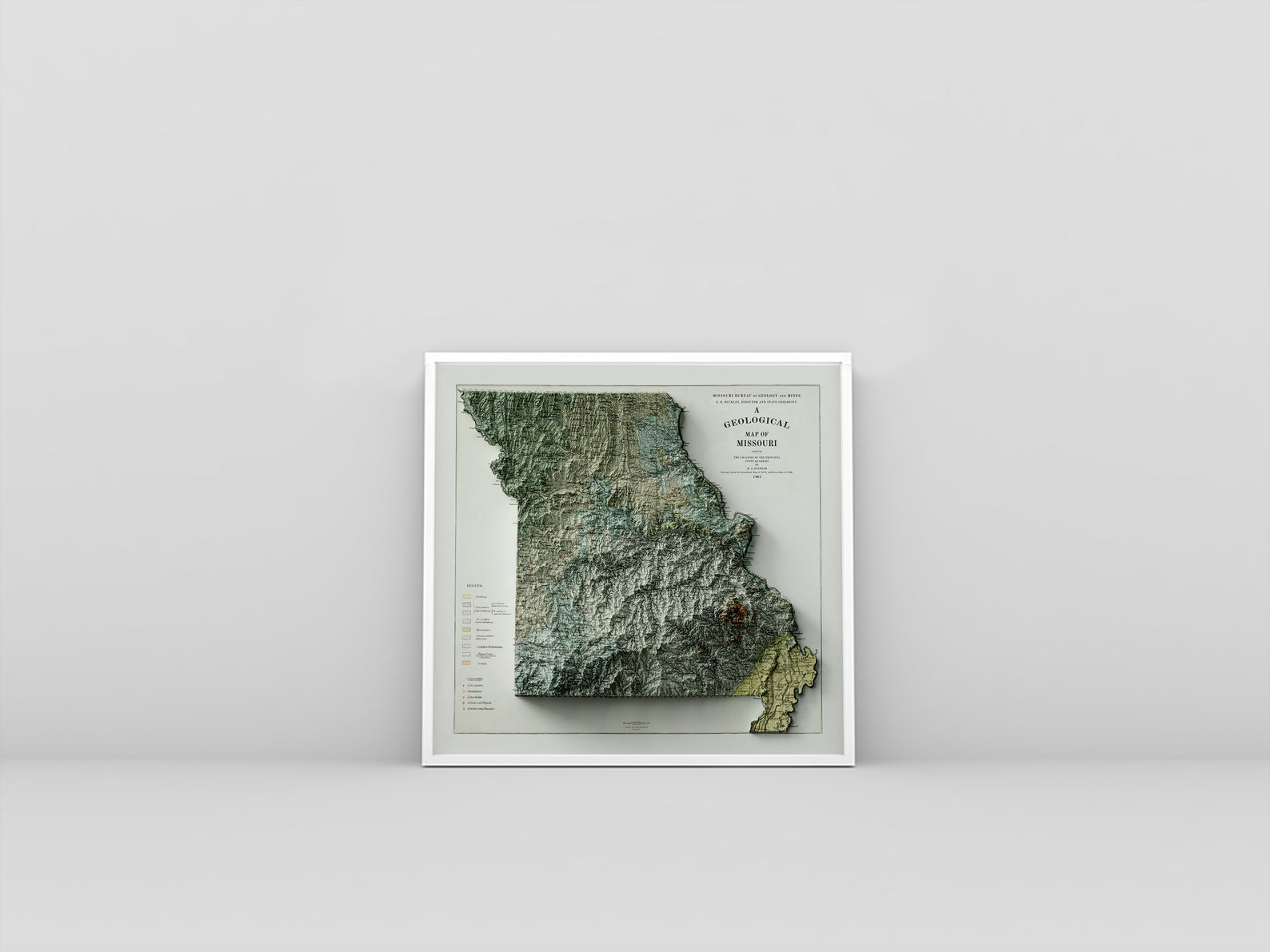 Missouri (USA) vintage framed shaded relief map in white frame. Artistic print highlighting mountains with a realistic 3d effect