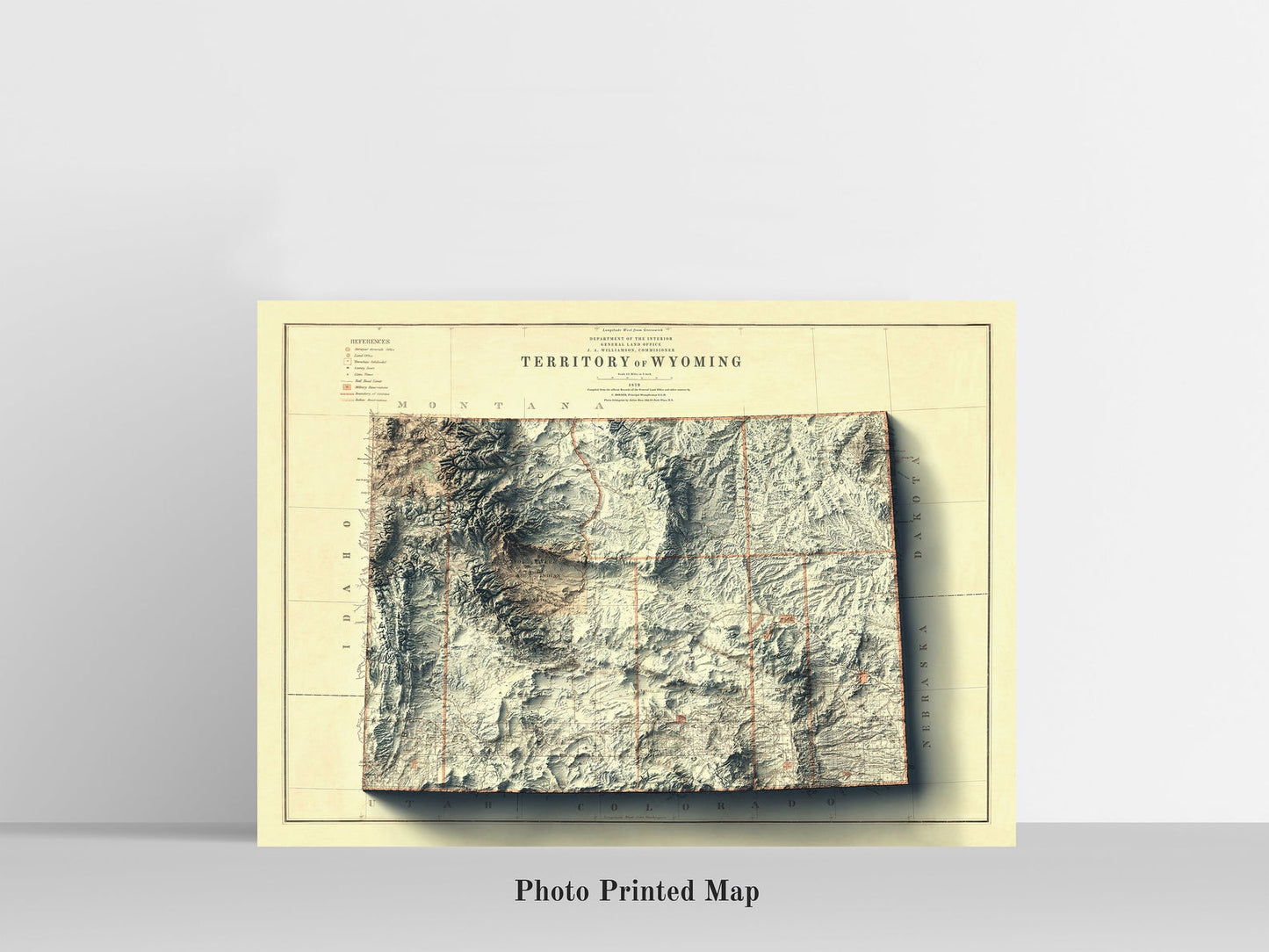 Wyoming (USA) Shaded relief map print, highlighting topography. Ideal for home decor and geography lovers