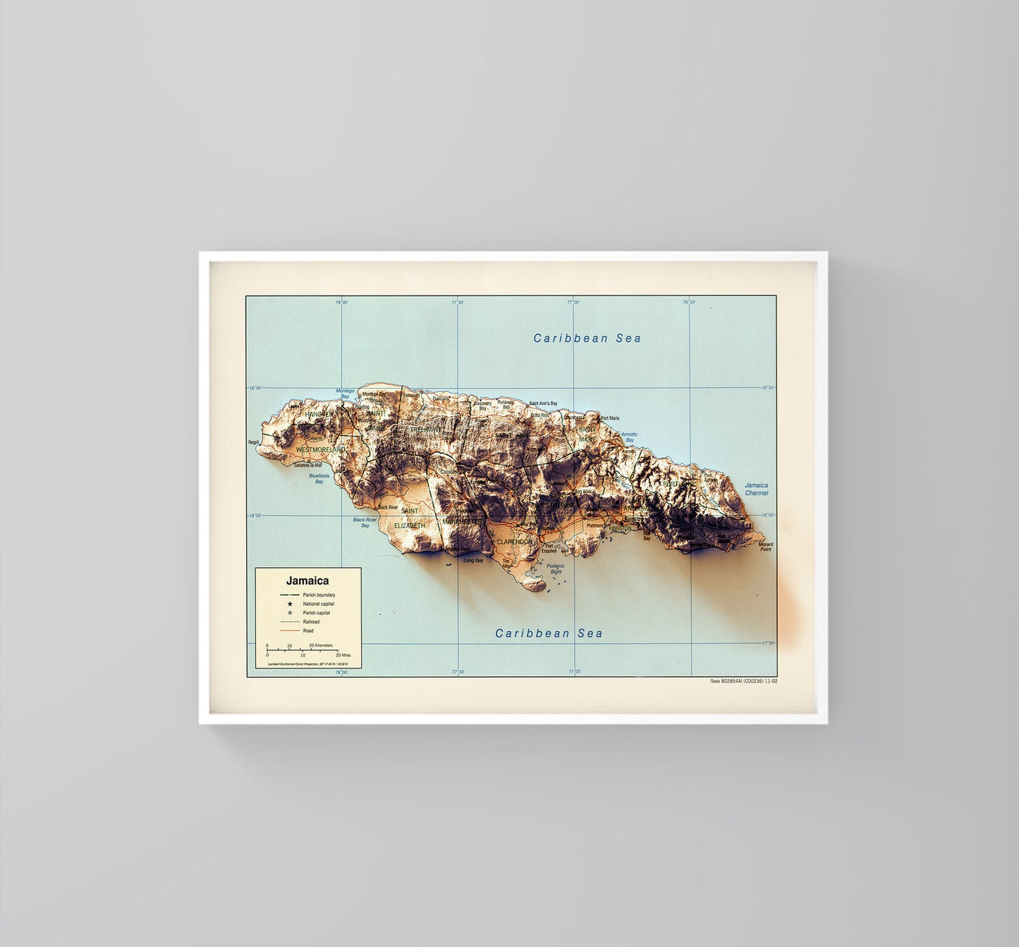 Jamaica vintage framed shaded relief map in white frame. Artistic print highlighting mountains with a realistic 3d effect