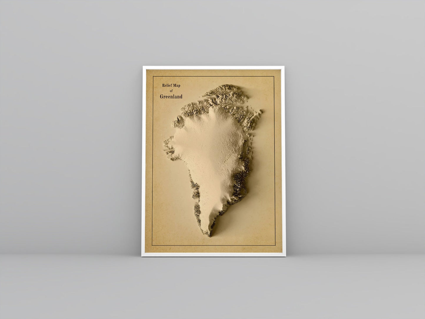 Greenland vintage framed shaded relief map in white frame. Artistic print highlighting mountains with a realistic 3d effect