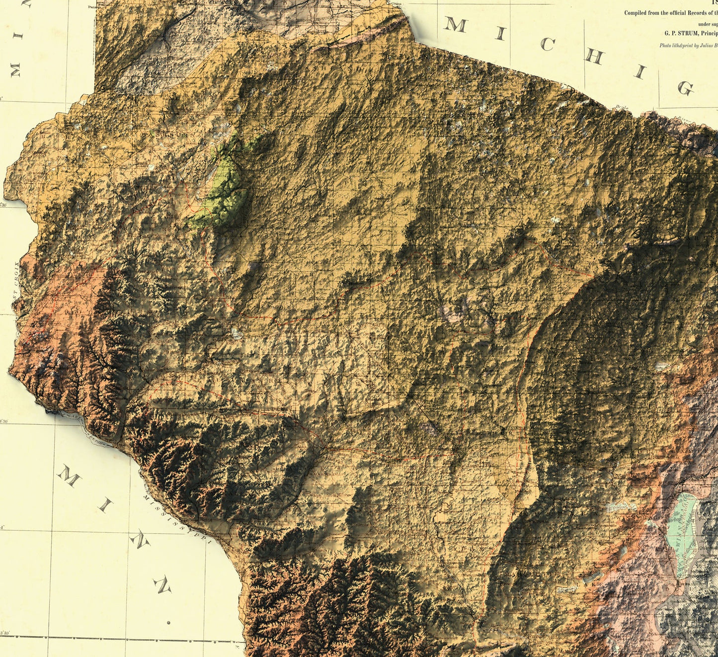 Detailed close-up of a vintage Wisconsin (USA) relief map, showcasing textured topography and geographic contours