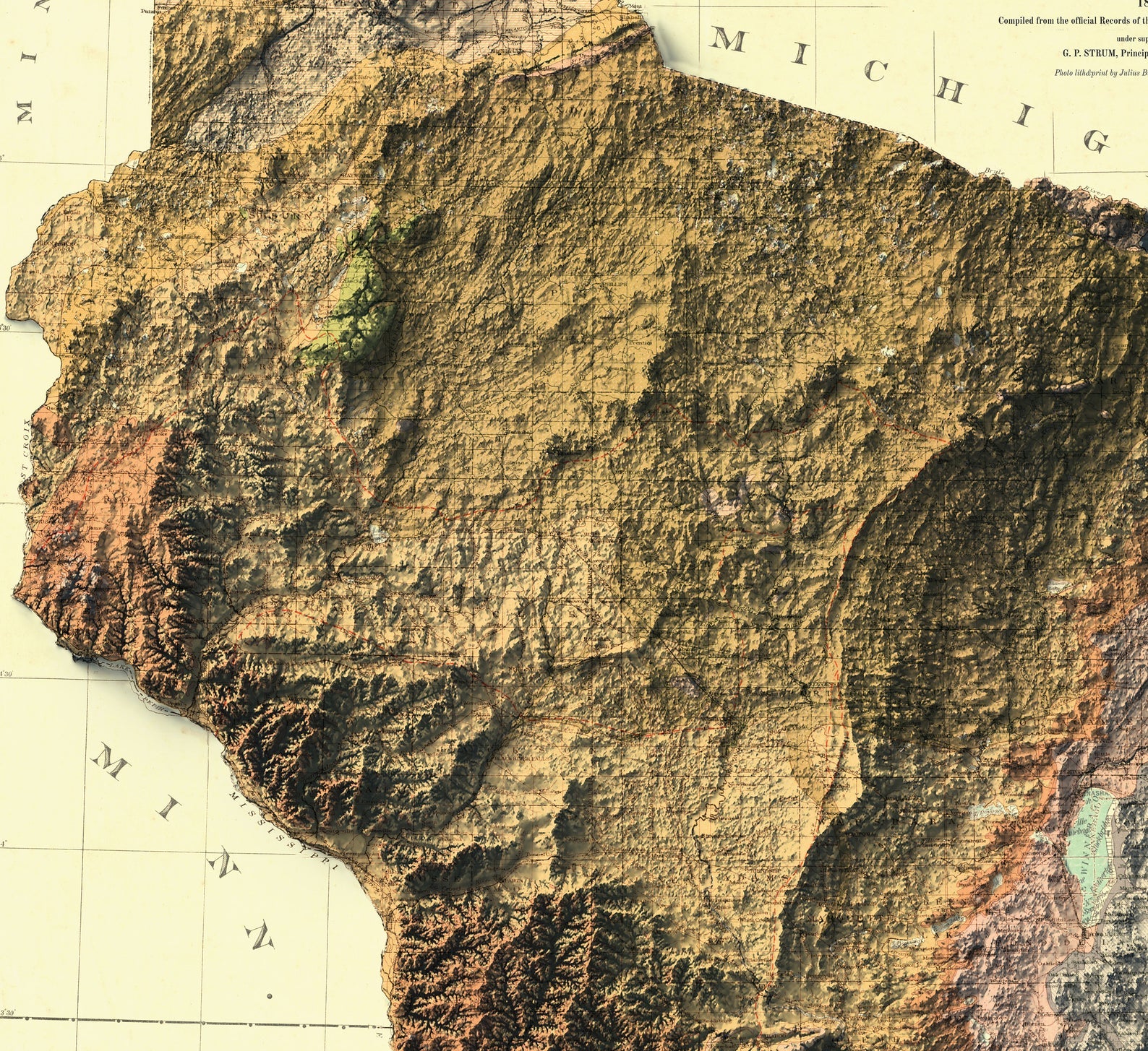 Detailed close-up of a vintage Wisconsin (USA) relief map, showcasing textured topography and geographic contours