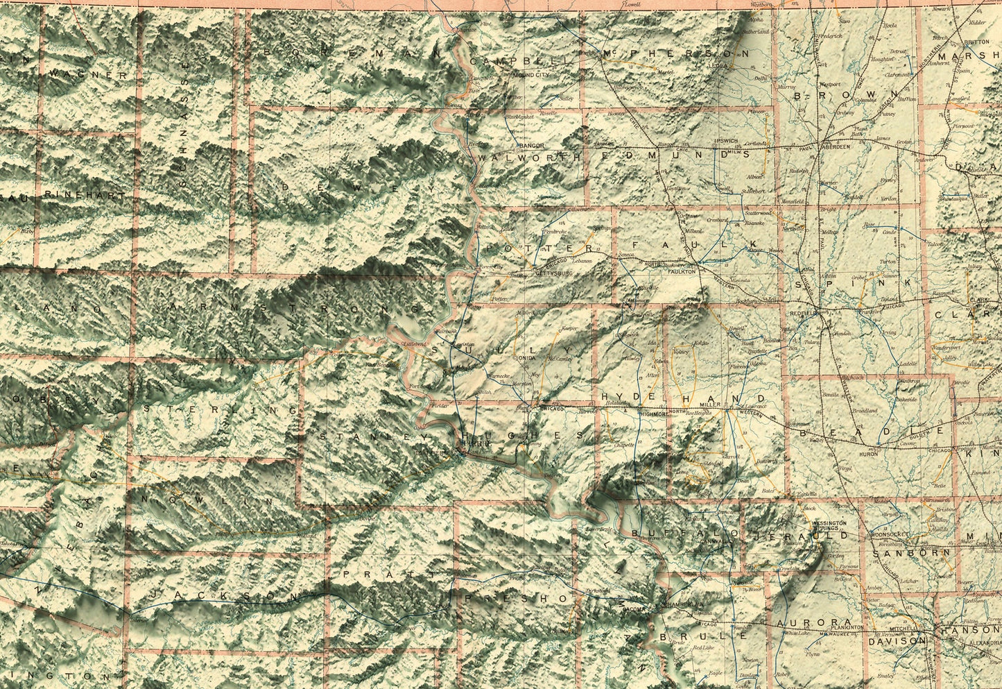Detailed close-up of a vintage South Dakota (USA) relief map, showcasing textured topography and geographic contours