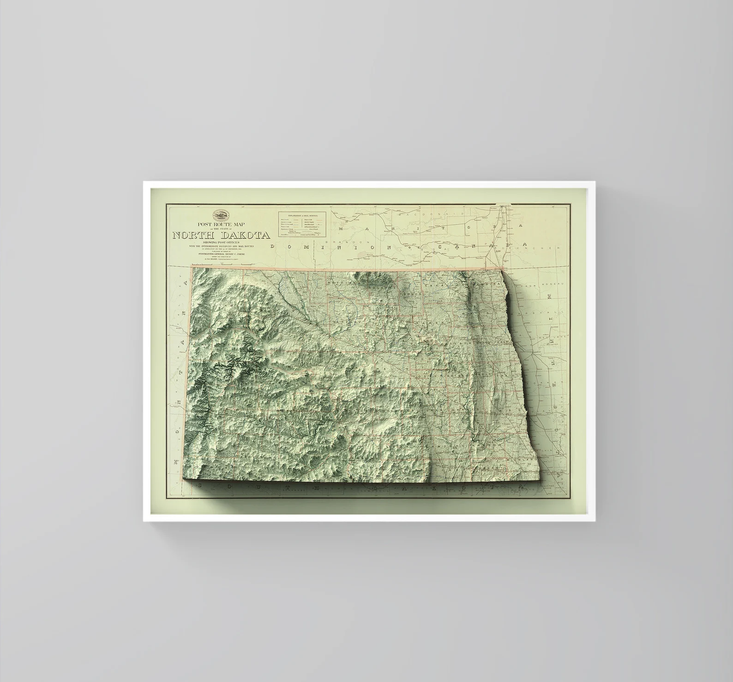 North Dakota (USA) vintage framed shaded relief map in white frame. Artistic print highlighting mountains with a realistic 3d effect
