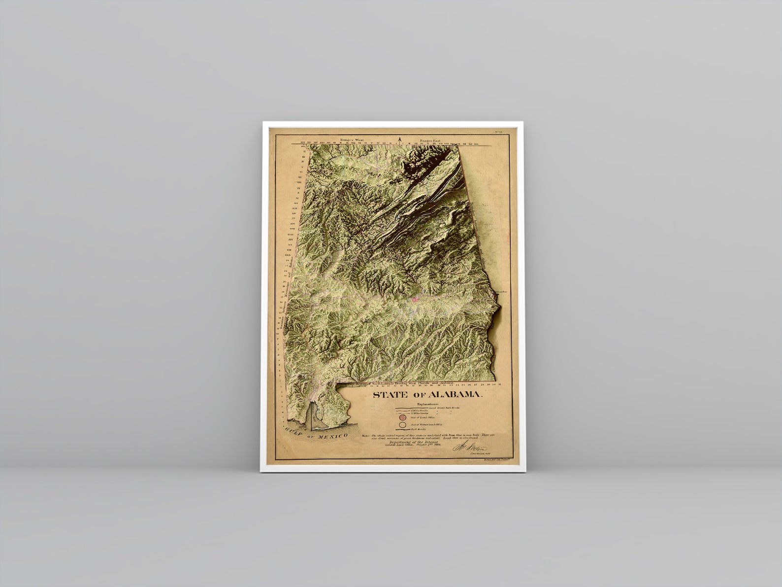 Alabama (USA) vintage framed shaded relief map in white frame. Artistic print highlighting mountains with a realistic 3d effect