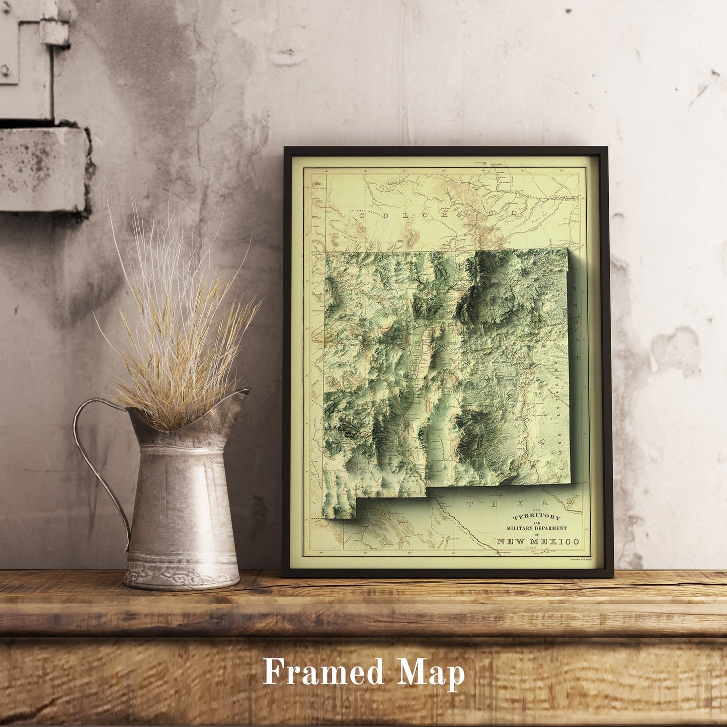 Vintage New Mexico (USA) shaded relief map in black frame. Realistic terrain art print for home decor, displayed on rustic wooden table