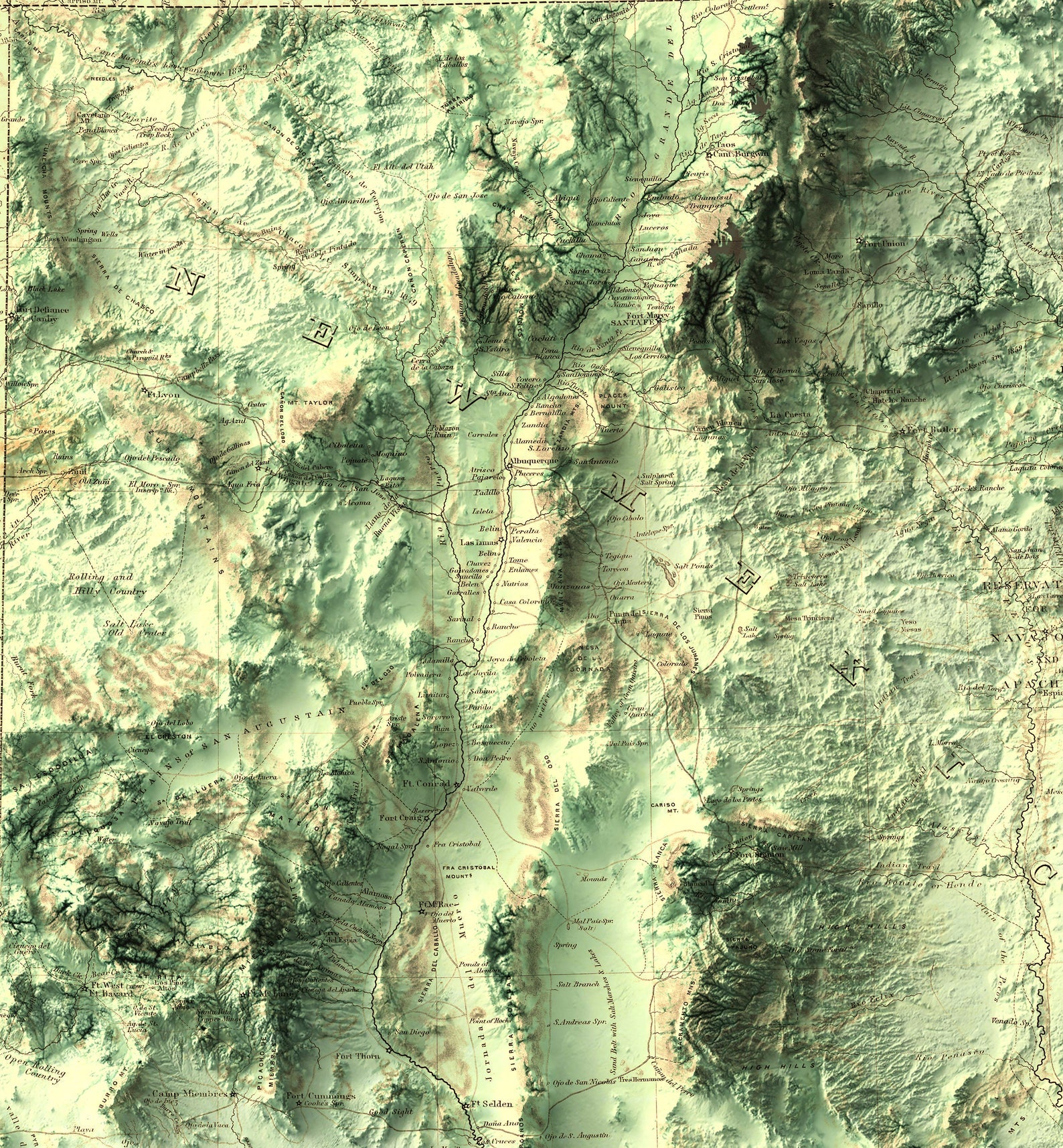 Detailed close-up of a vintage New Mexico (USA) relief map, showcasing textured topography and geographic contours