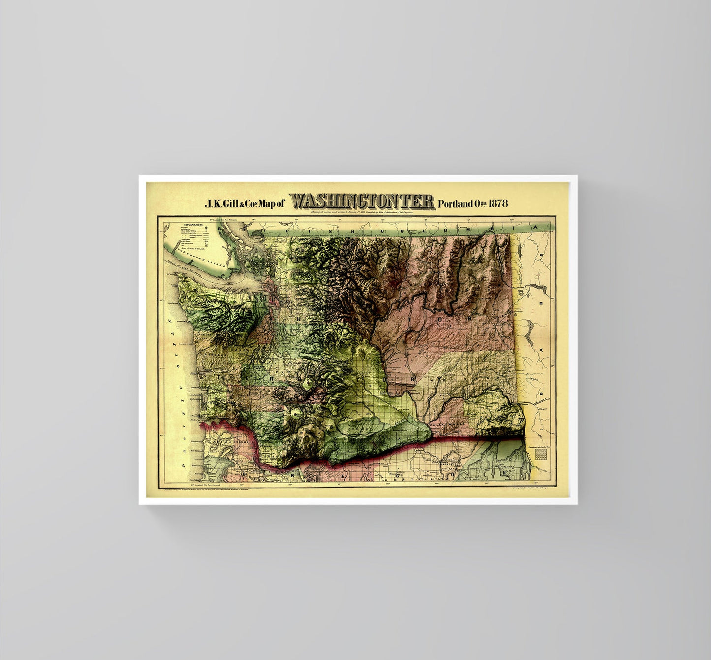 Washington DC (USA) vintage framed shaded relief map in white frame. Artistic print highlighting mountains with a realistic 3d effect