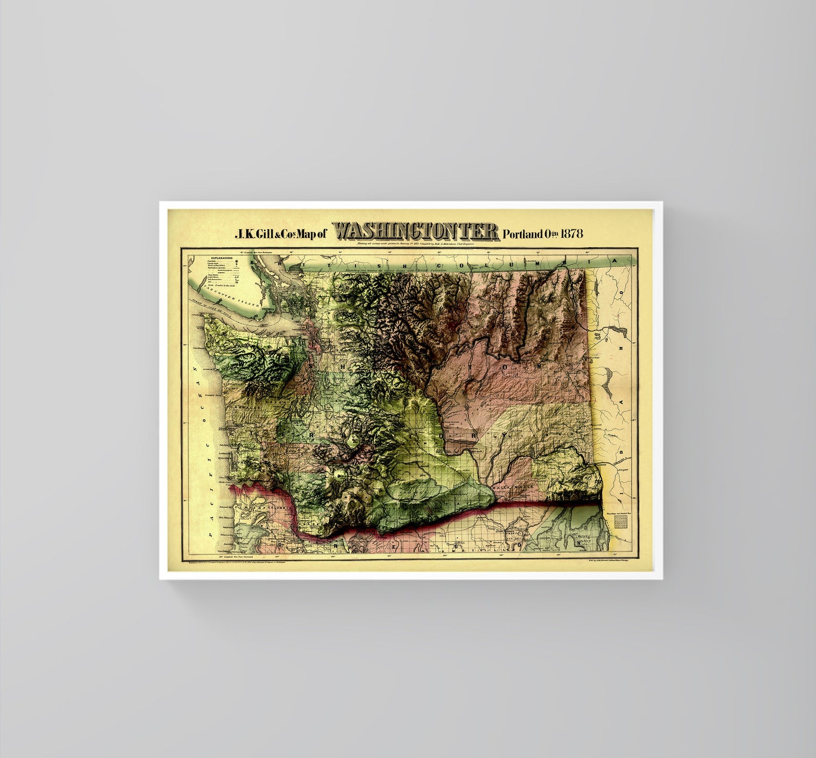 Washington DC (USA) vintage framed shaded relief map in white frame. Artistic print highlighting mountains with a realistic 3d effect