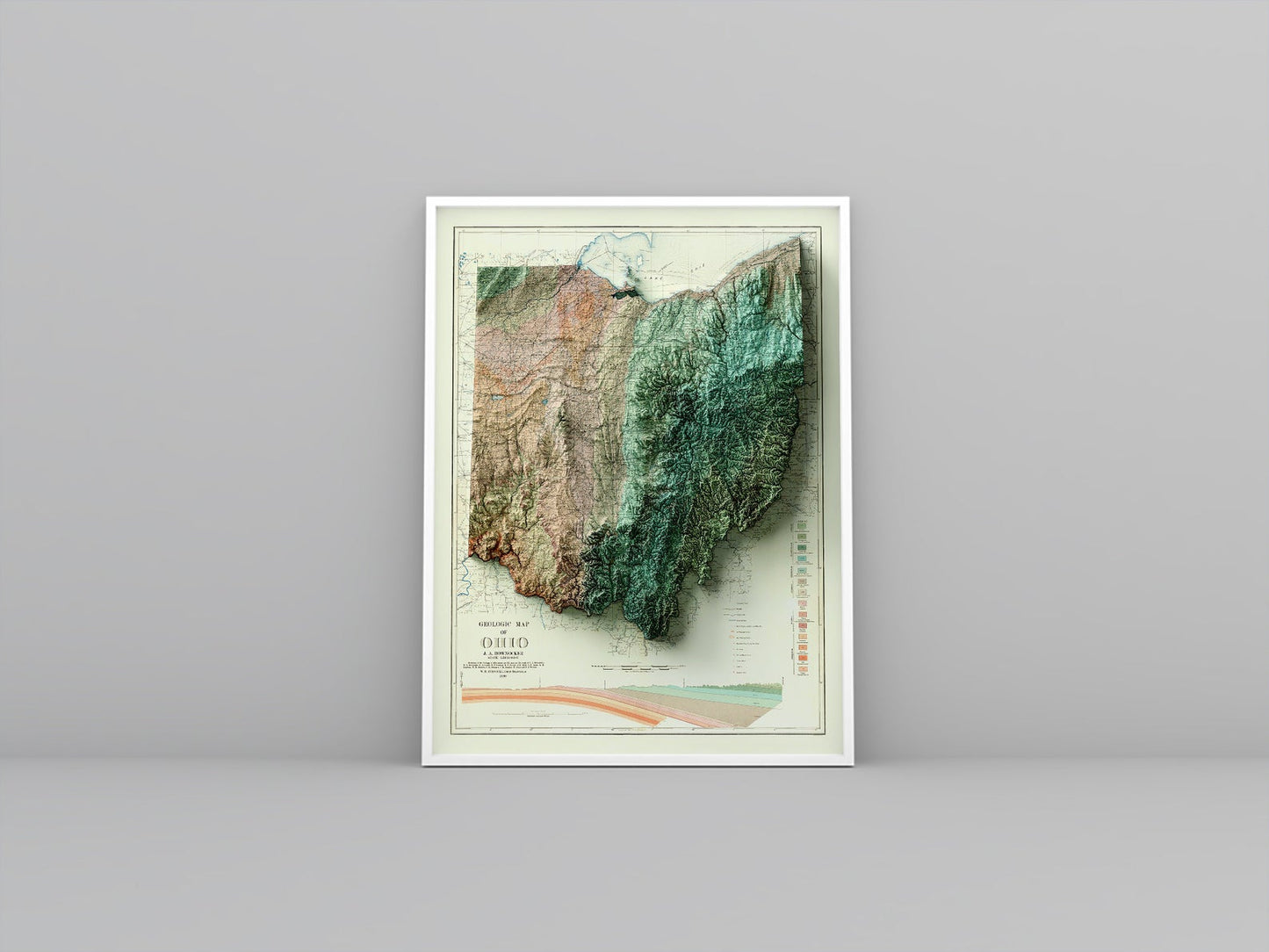 Ohio (USA) vintage framed shaded relief map in white frame. Artistic print highlighting mountains with a realistic 3d effect