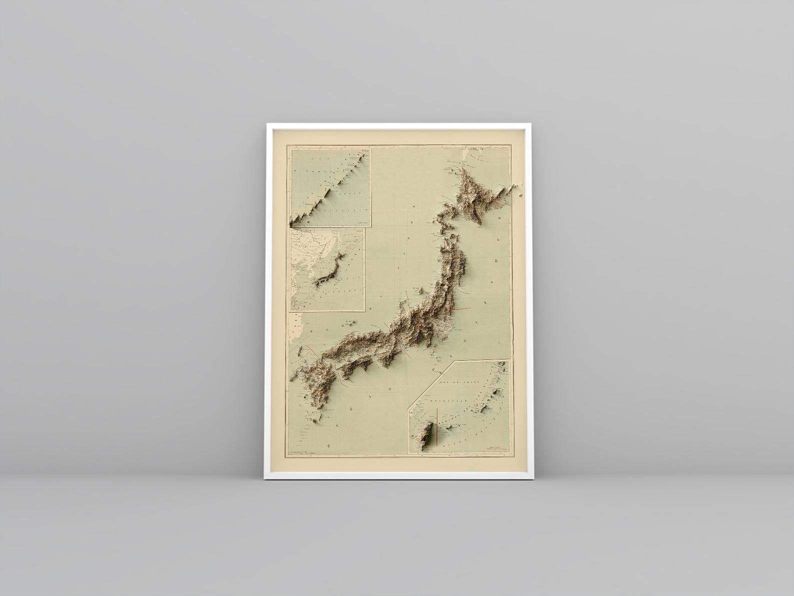 Japan vintage framed shaded relief map in white frame. Artistic print highlighting mountains with a realistic 3d effect