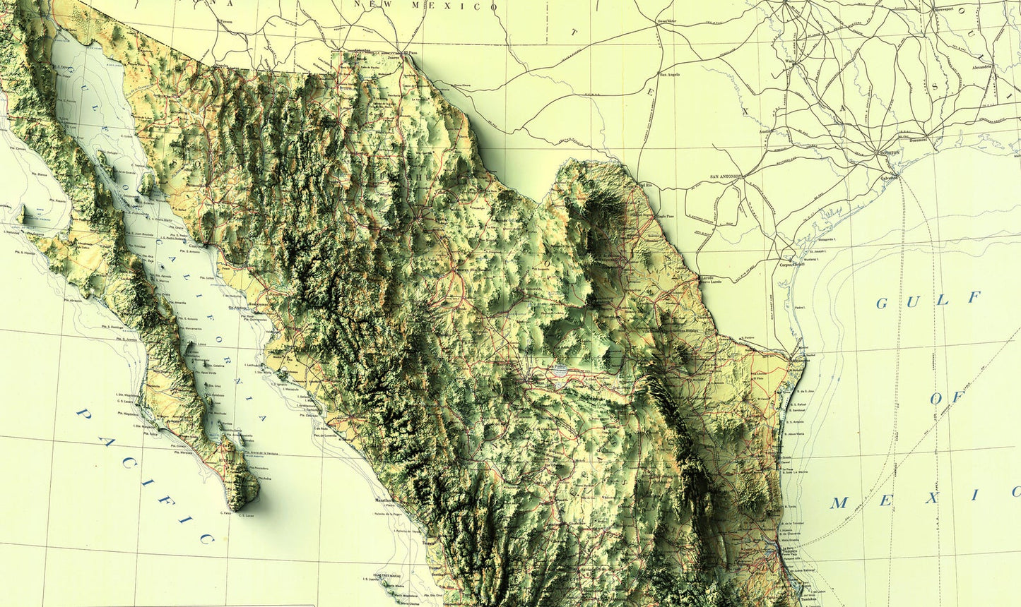 Detailed close-up of a vintage Mexico relief map, showcasing textured topography and geographic contours