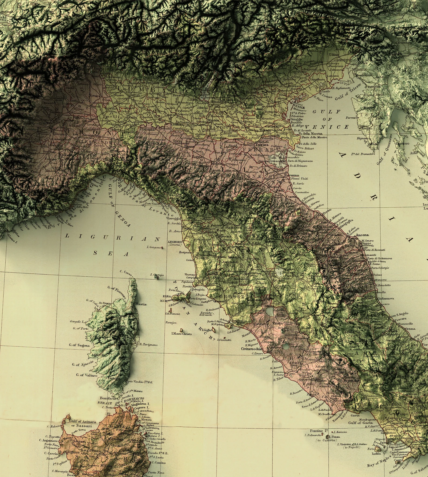 Detailed close-up of a vintage Italy relief map, showcasing textured topography and geographic contours