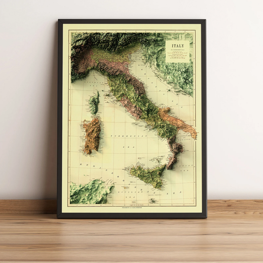 Italy vintage framed shaded relief map in black frame. Artistic print highlighting mountains with a realistic terrain effect
