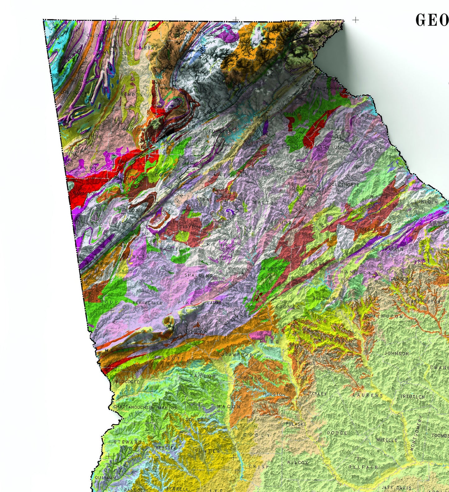 Detailed close-up of a vintage Georgia (USA) relief map, showcasing textured topography and geographic contours