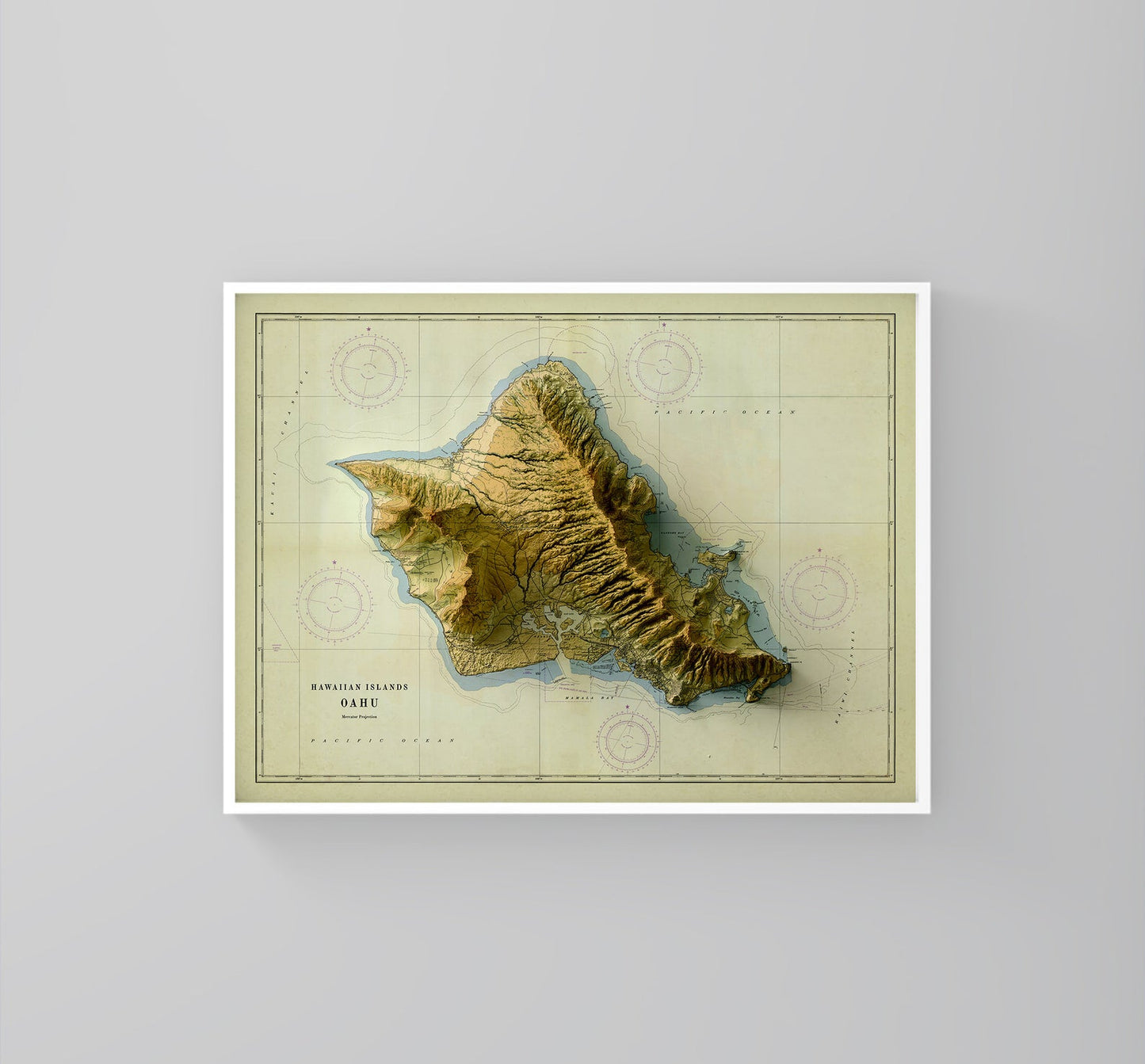Oahu (Hawaii) vintage framed shaded relief map in white frame. Artistic print highlighting mountains with a realistic 3d effect