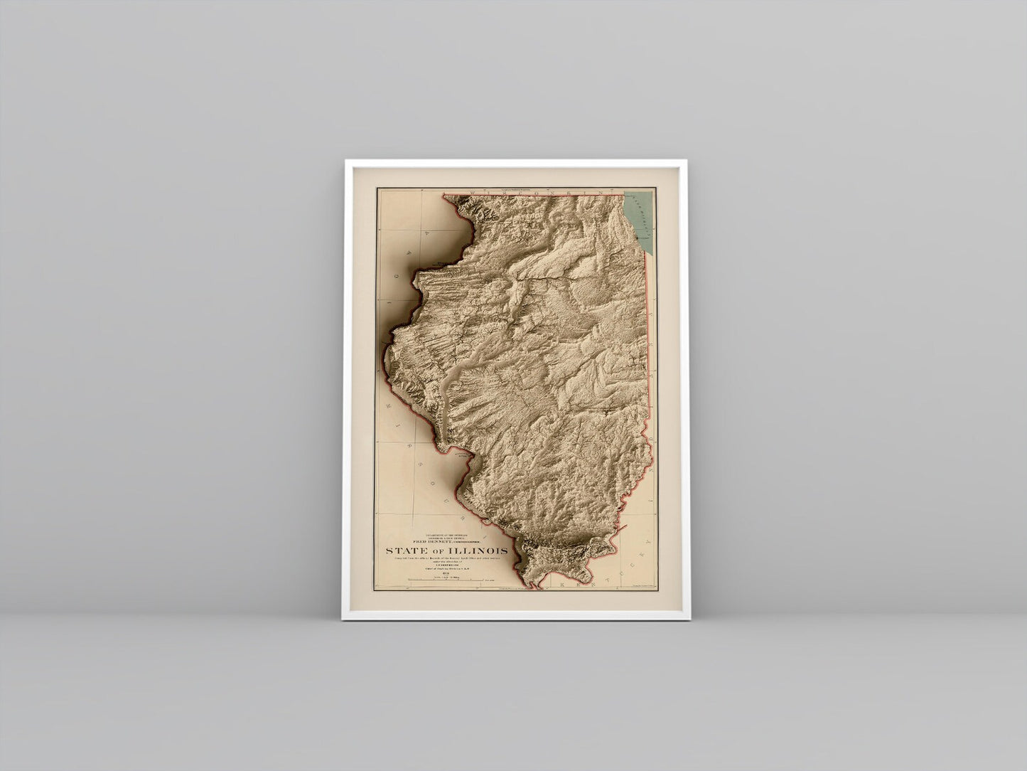 Idaho (USA) vintage framed shaded relief map in white frame. Artistic print highlighting mountains with a realistic 3d effect
