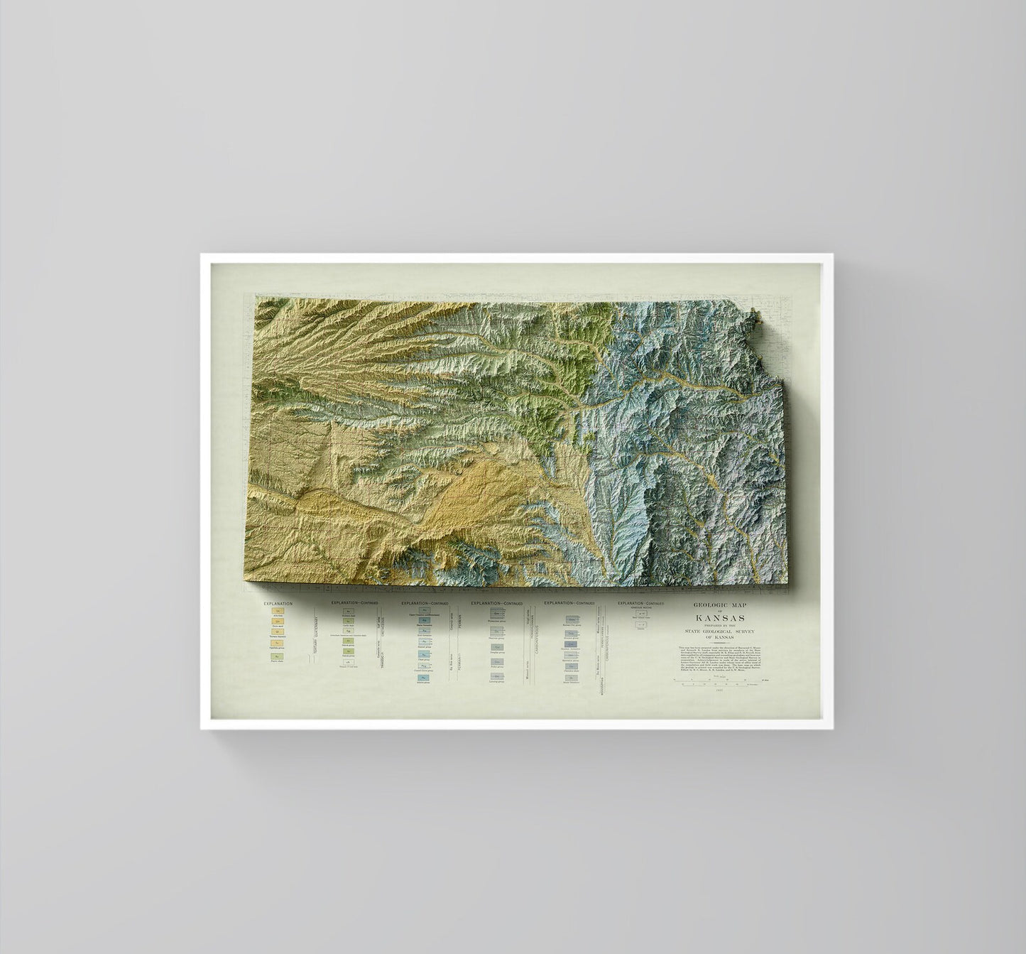 Kansas (USA) vintage framed shaded relief map in white frame. Artistic print highlighting mountains with a realistic 3d effect
