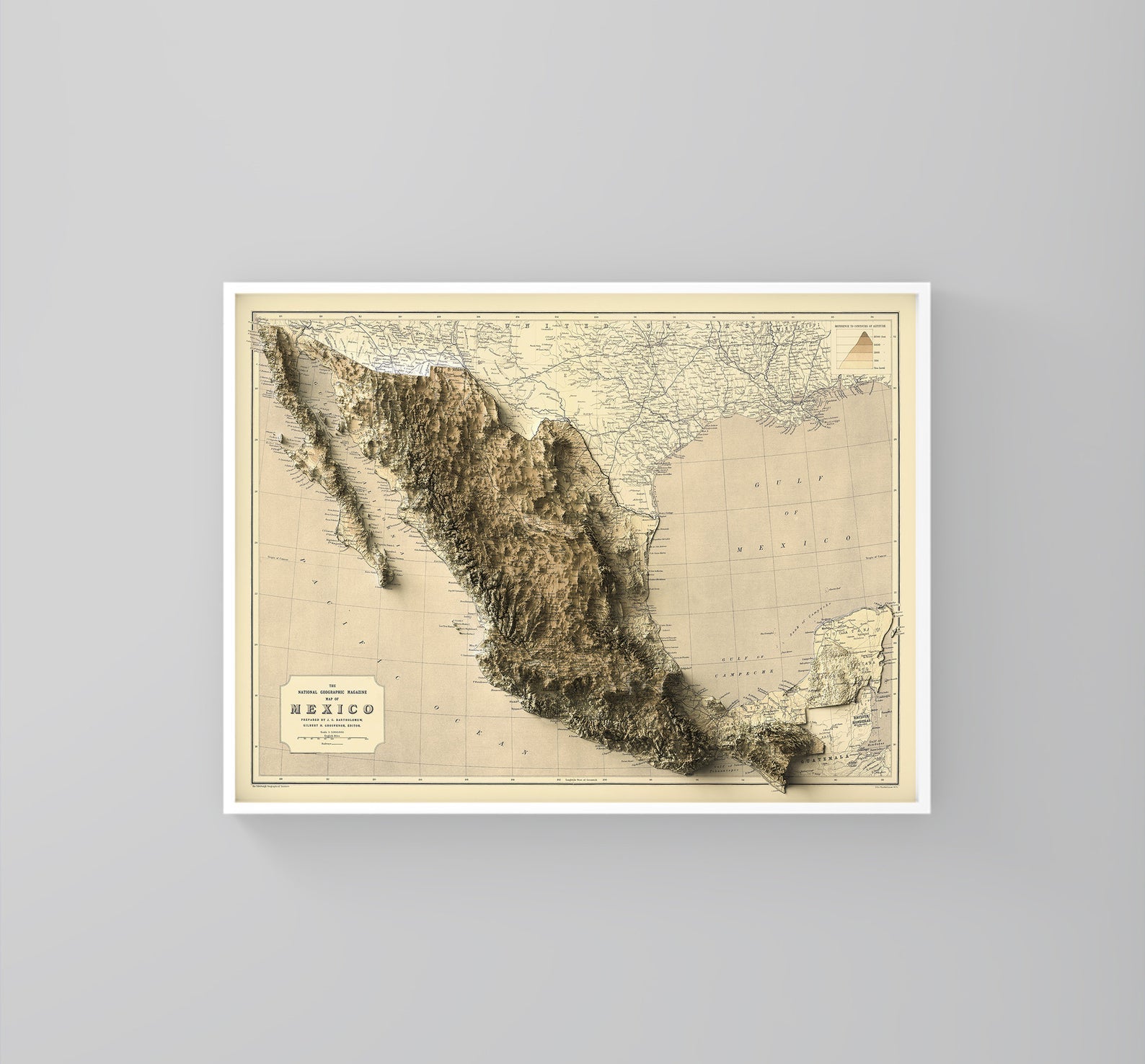 Mexico vintage framed shaded relief map in white frame. Artistic print highlighting mountains with a realistic 3d effect