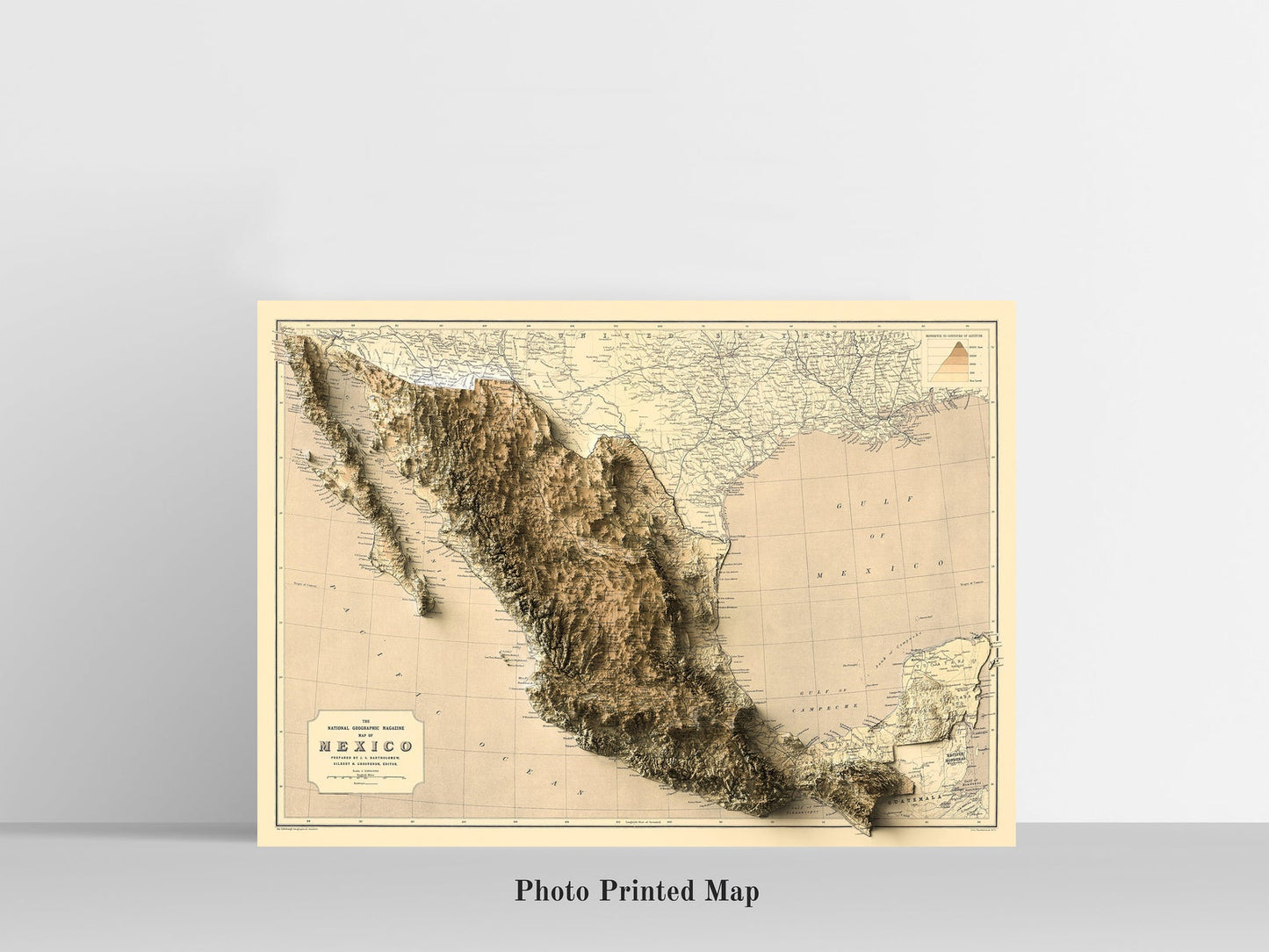 Mexico Shaded relief map print, highlighting topography. Ideal for home decor and geography lovers