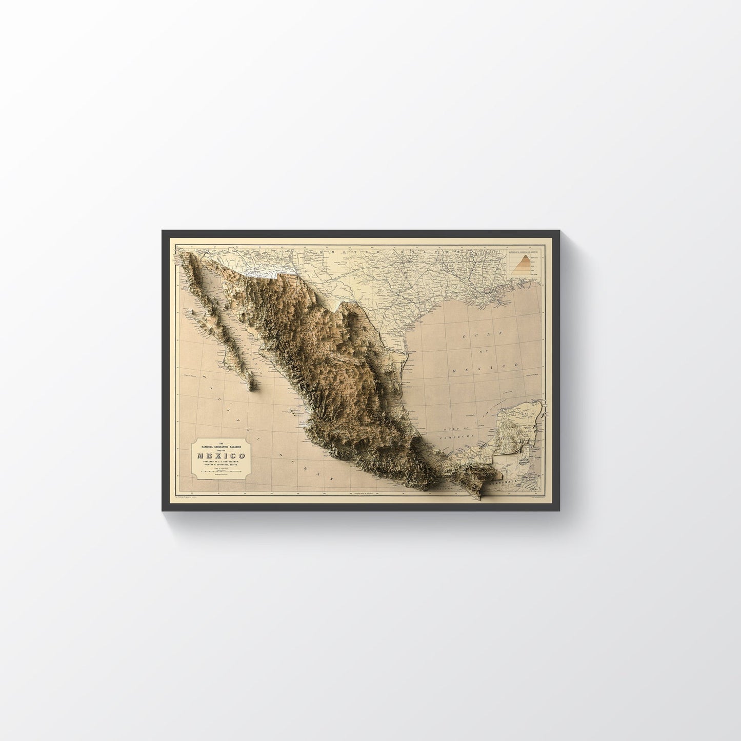 Mexico vintage framed shaded relief map in black frame. Artistic print highlighting mountains with a realistic terrain effect