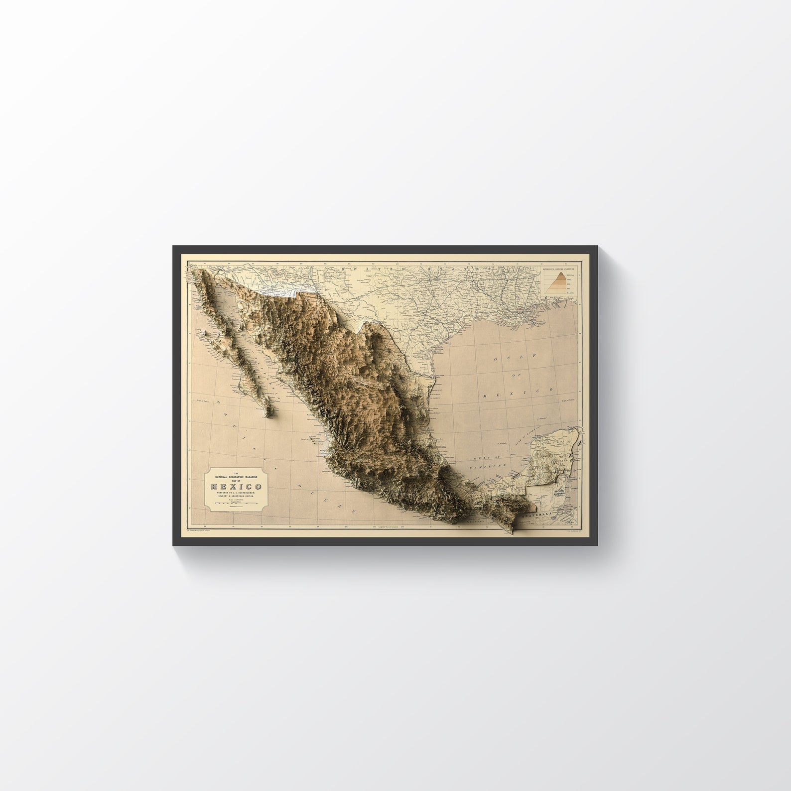 Mexico vintage framed shaded relief map in black frame. Artistic print highlighting mountains with a realistic terrain effect