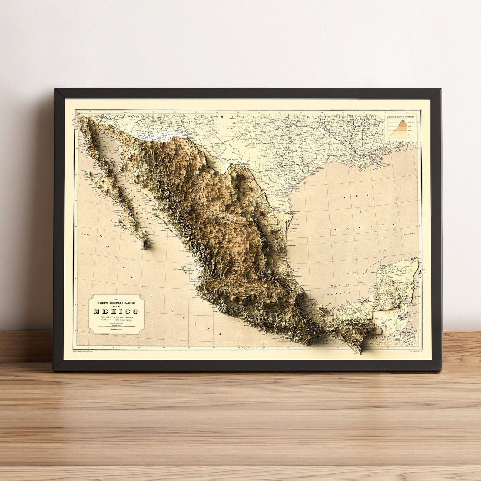 Mexico vintage framed shaded relief map in black frame. Artistic print highlighting mountains with a realistic terrain effect