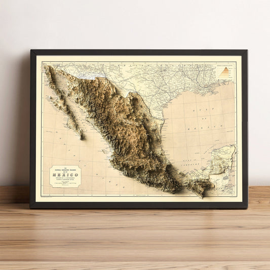 Mexico vintage framed shaded relief map in black frame. Artistic print highlighting mountains with a realistic terrain effect