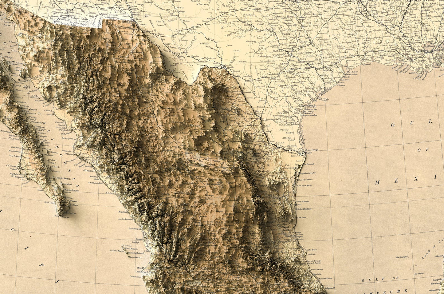 Detailed close-up of a vintage Mexico relief map, showcasing textured topography and geographic contours