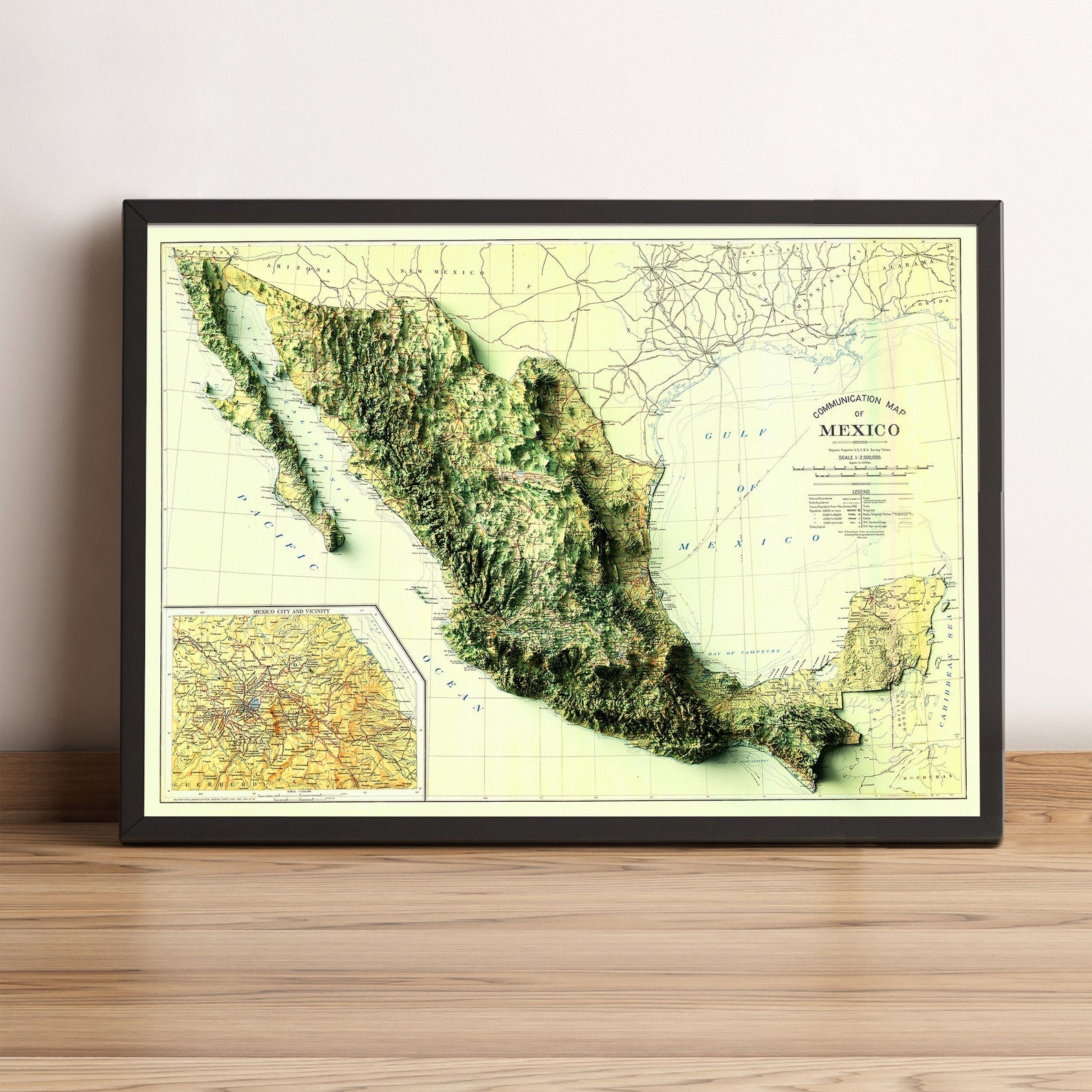 Mexico vintage framed shaded relief map in black frame. Artistic print highlighting mountains with a realistic terrain effect