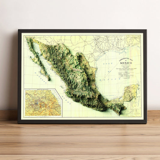 Mexico vintage framed shaded relief map in black frame. Artistic print highlighting mountains with a realistic terrain effect