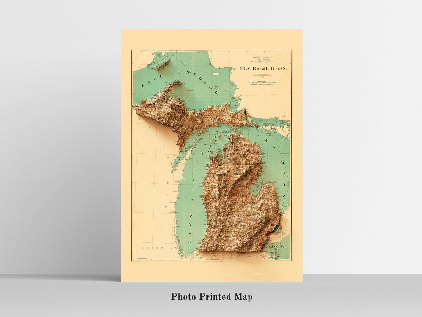 Michigan (USA) Shaded relief map print, highlighting topography. Ideal for home decor and geography lovers