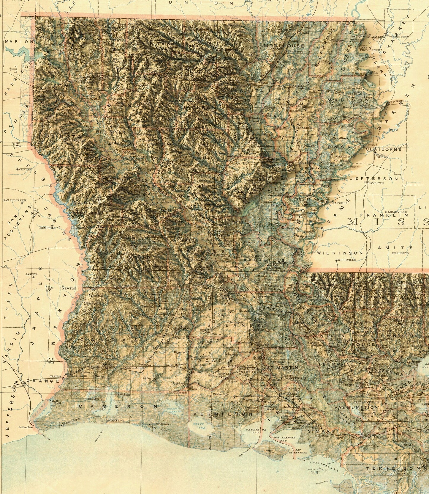 Detailed close-up of a vintage Louisiana (USA) relief map, showcasing textured topography and geographic contours