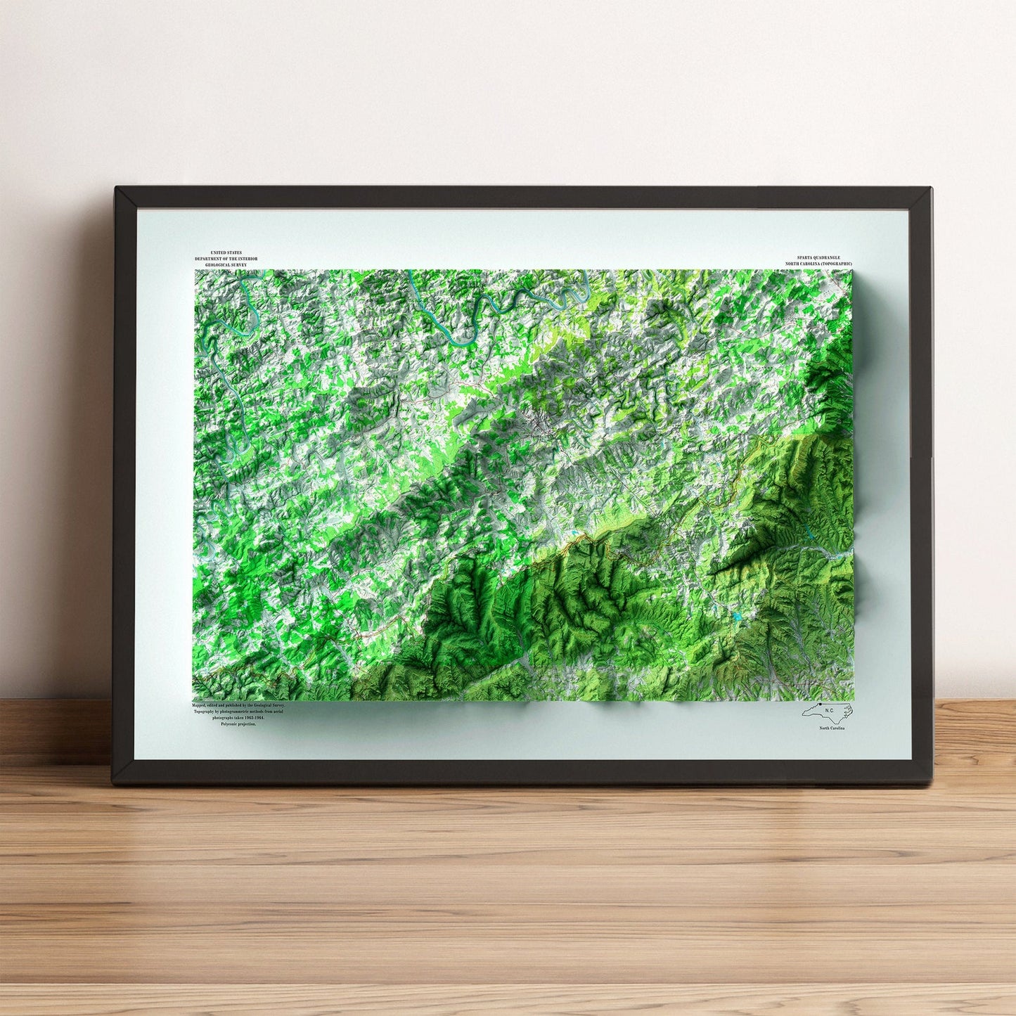 alleghany county (north carolina) framed shaded relief map in black frame. Artistic print highlighting mountains with a realistic terrain effectAll