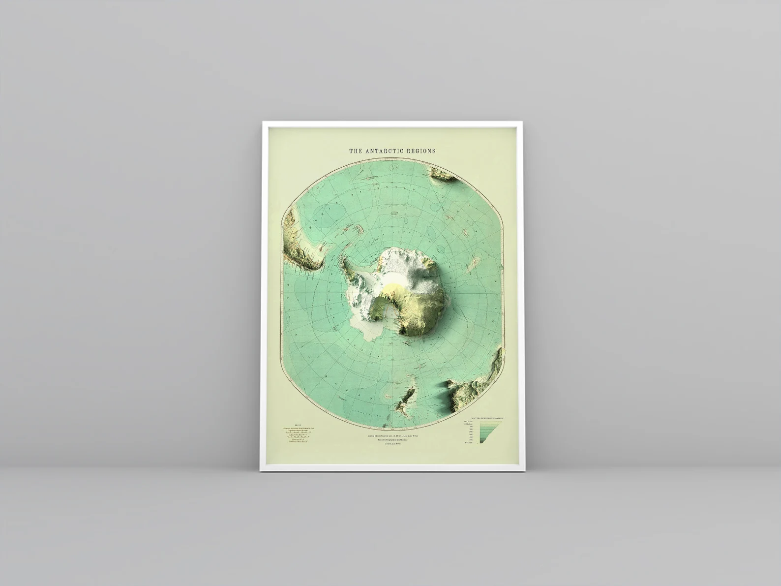 Antarctic vintage framed shaded relief map in white frame. Artistic print highlighting mountains with a realistic 3d effect