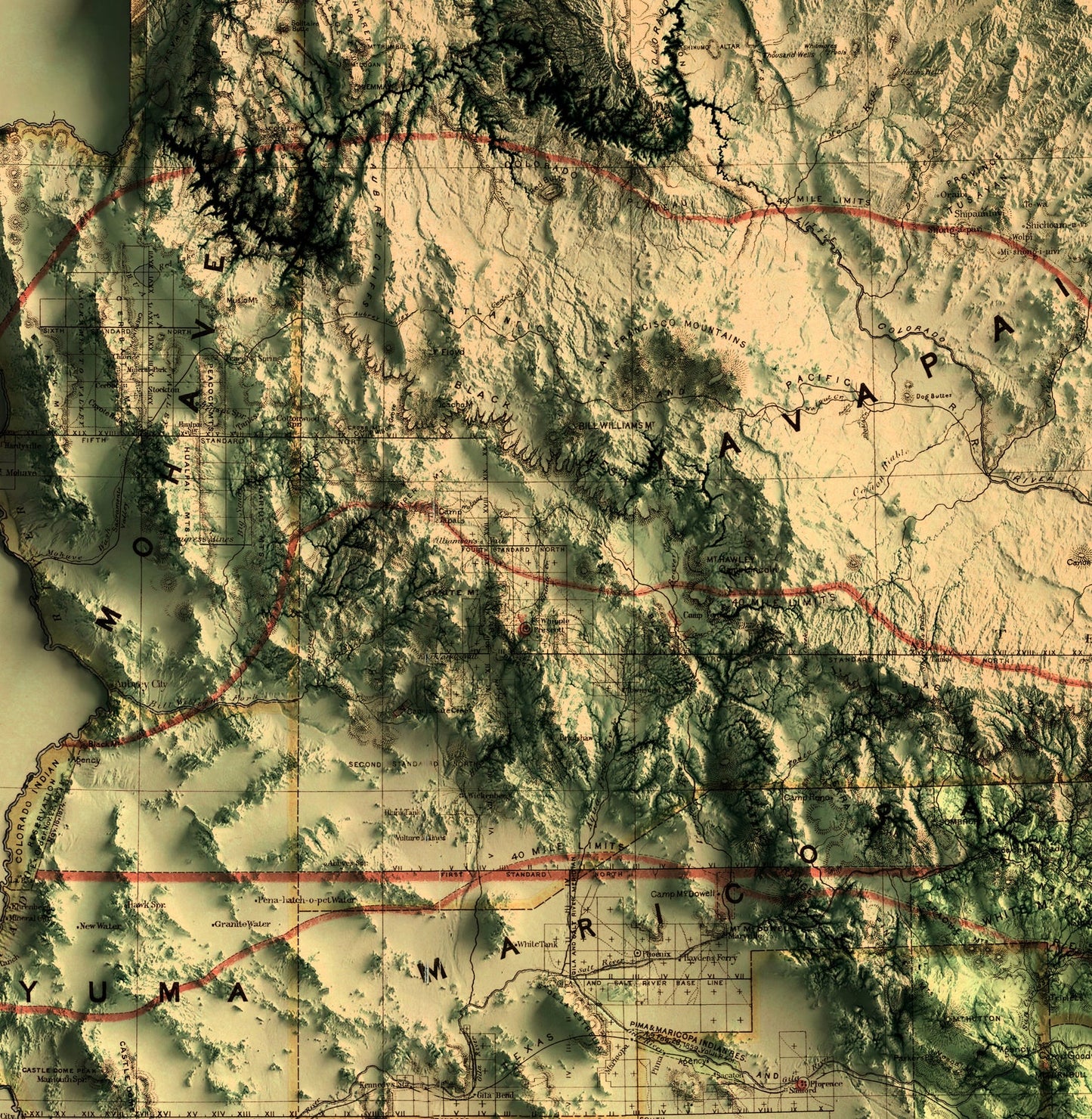Detailed close-up of a vintage Arizona (USA) relief map, showcasing textured topography and geographic contours