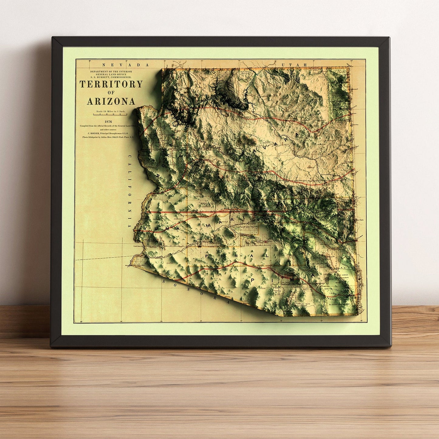 Arizona (USA) vintage framed shaded relief map in black frame. Artistic print highlighting mountains with a realistic terrain effect