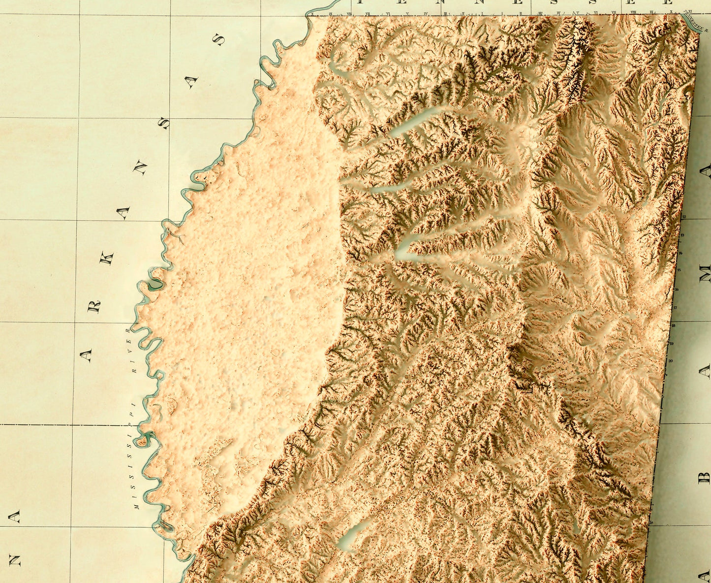 Detailed close-up of a vintage Mississippi (USA) relief map, showcasing textured topography and geographic contours