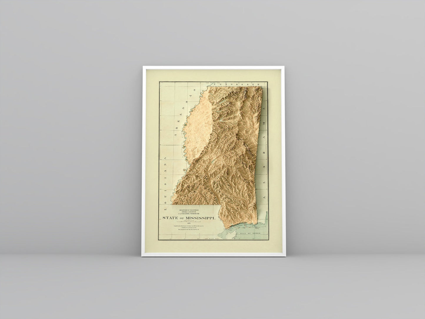 Mississippi (USA) vintage framed shaded relief map in white frame. Artistic print highlighting mountains with a realistic 3d effect