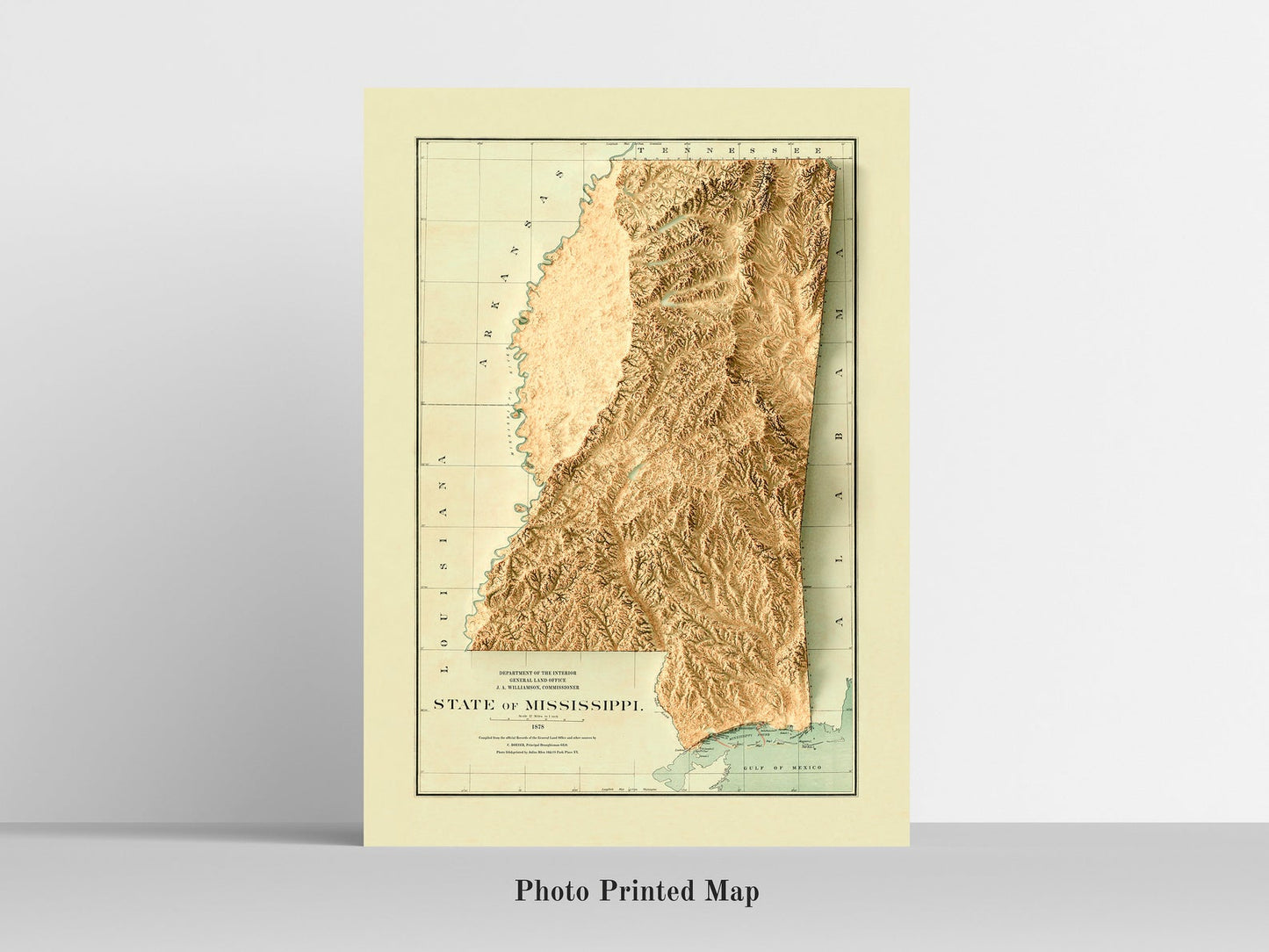 Mississippi (USA) Shaded relief map print, highlighting topography. Ideal for home decor and geography lovers