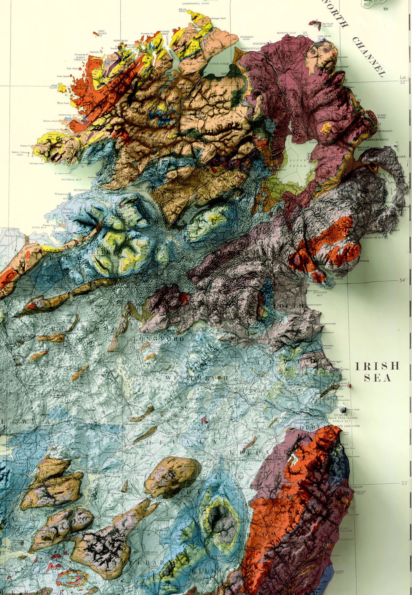 Detailed close-up of a vintage Ireland relief map, showcasing textured topography and geographic contours
