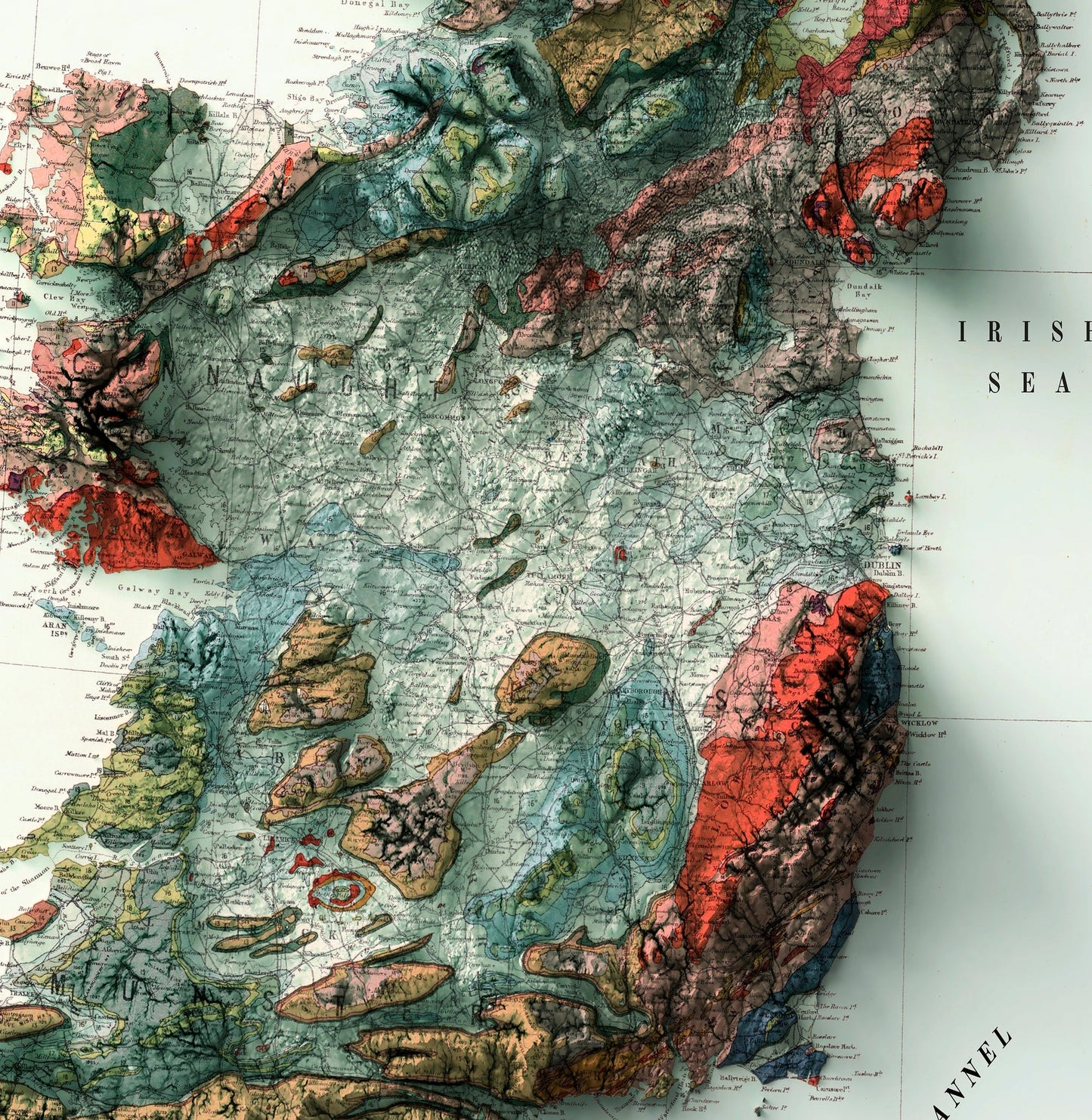 Detailed close-up of a vintage Ireland relief map, showcasing textured topography and geographic contours
