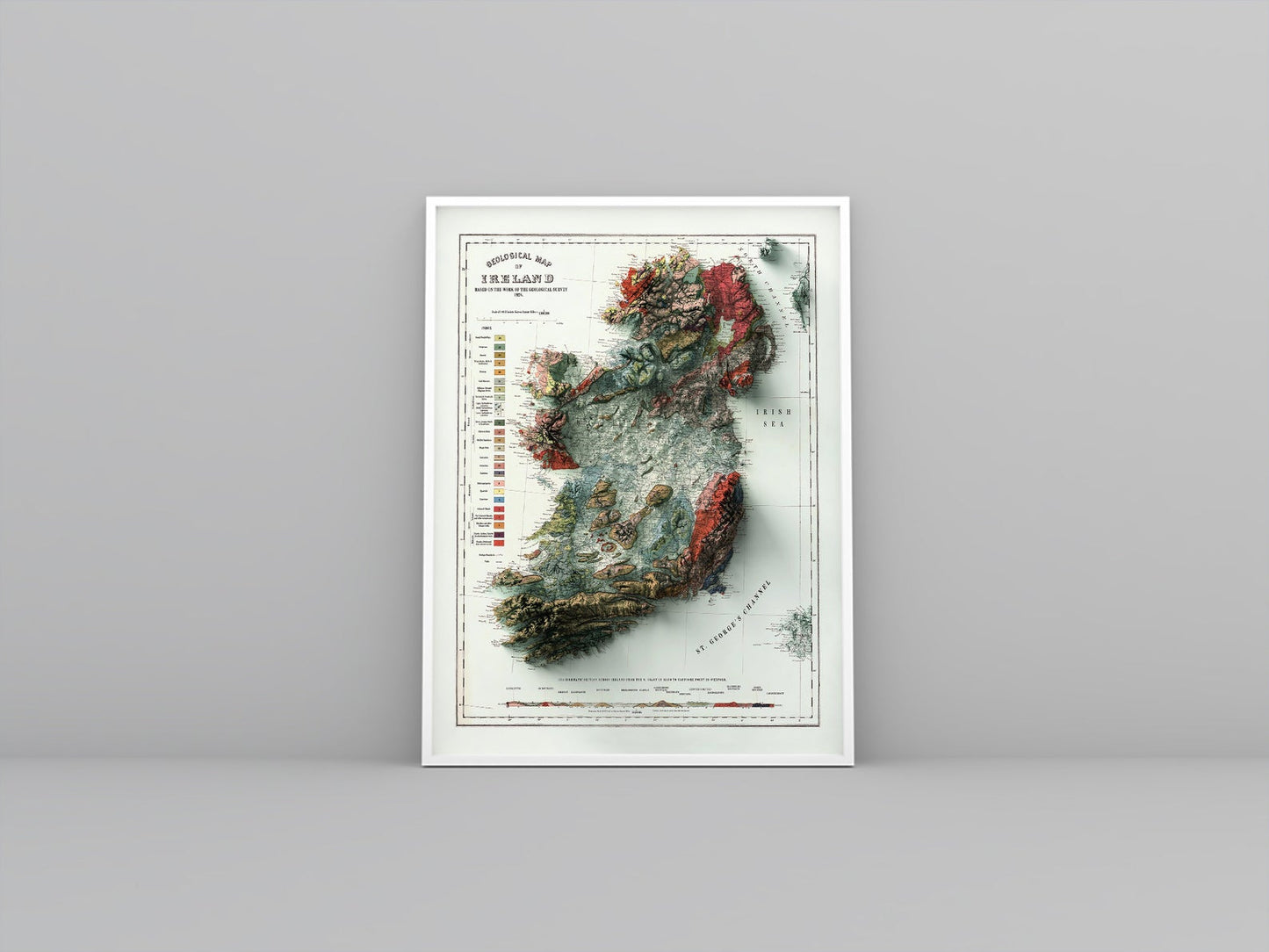 Ireland vintage framed shaded relief map in white frame. Artistic print highlighting mountains with a realistic 3d effect