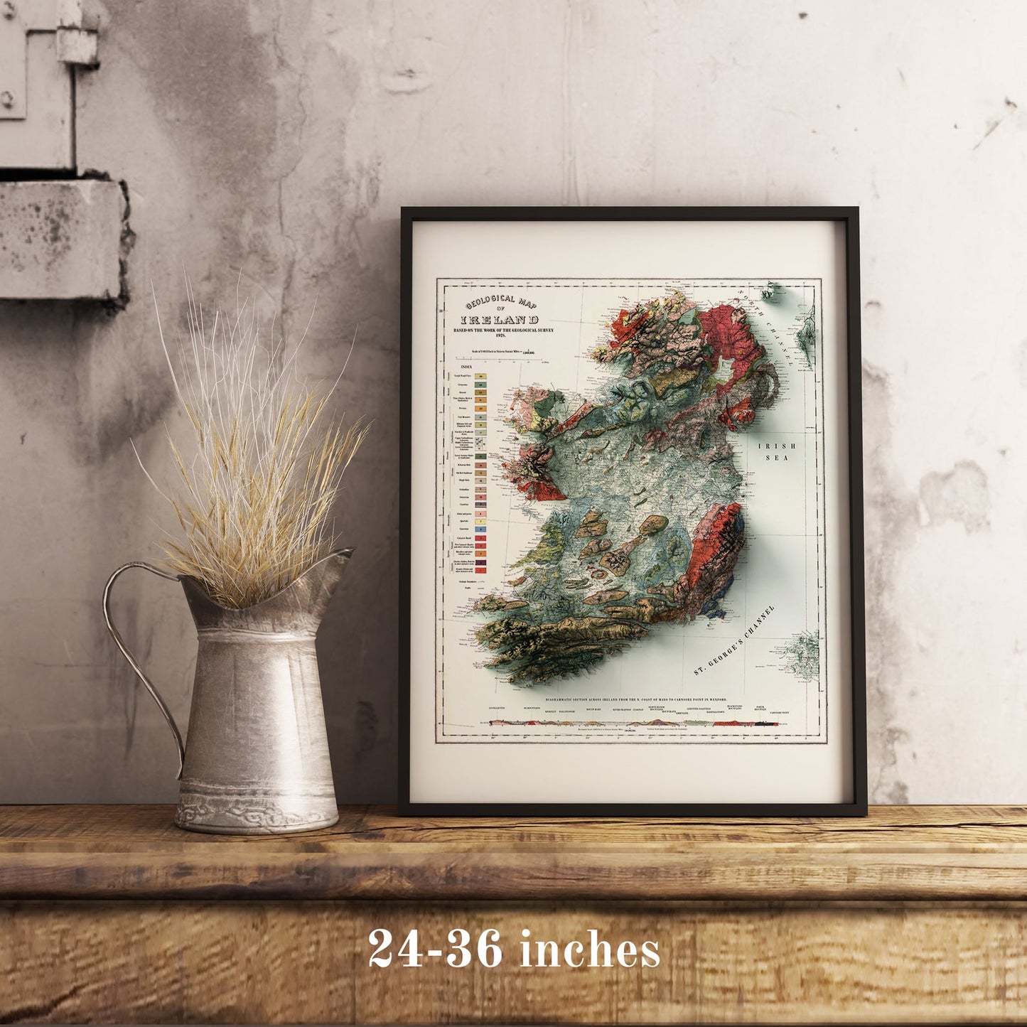Vintage Ireland shaded relief map in black frame. Realistic terrain art print for home decor, displayed on rustic wooden table