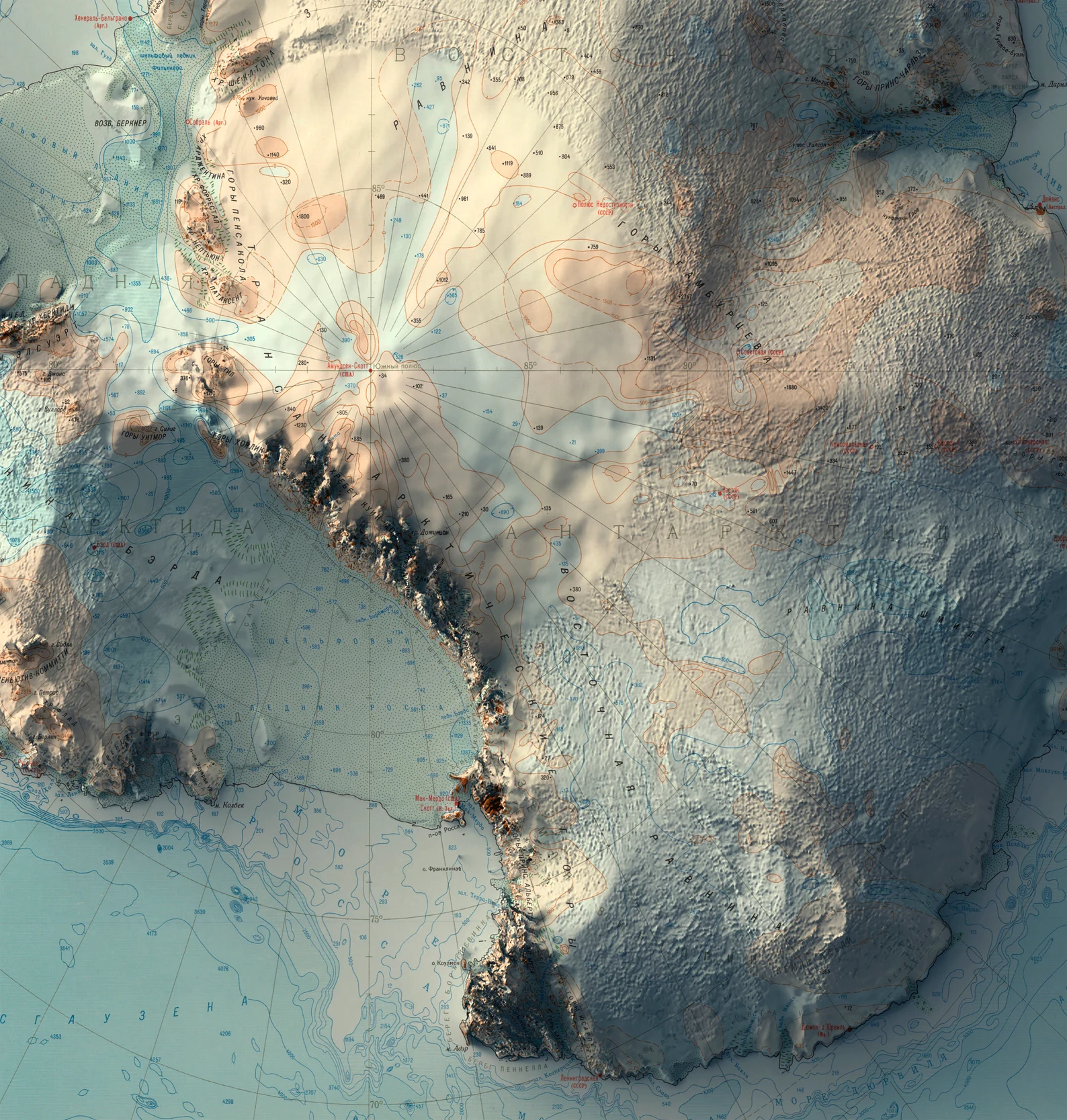 Detailed close-up of a vintage Antarctic relief map, showcasing textured topography and geographic contours
