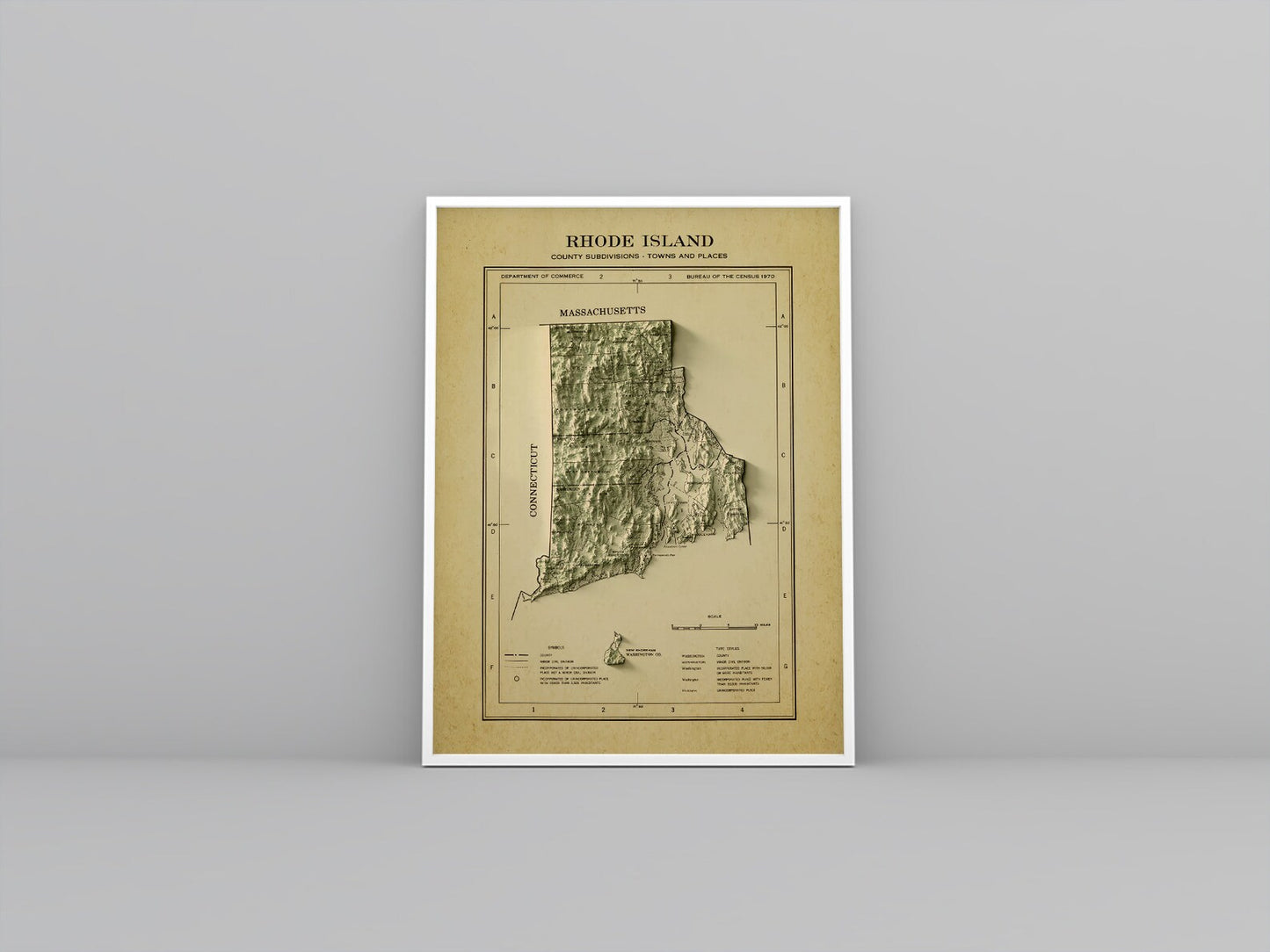 Rhode Island (USA) vintage framed shaded relief map in white frame. Artistic print highlighting mountains with a realistic 3d effect