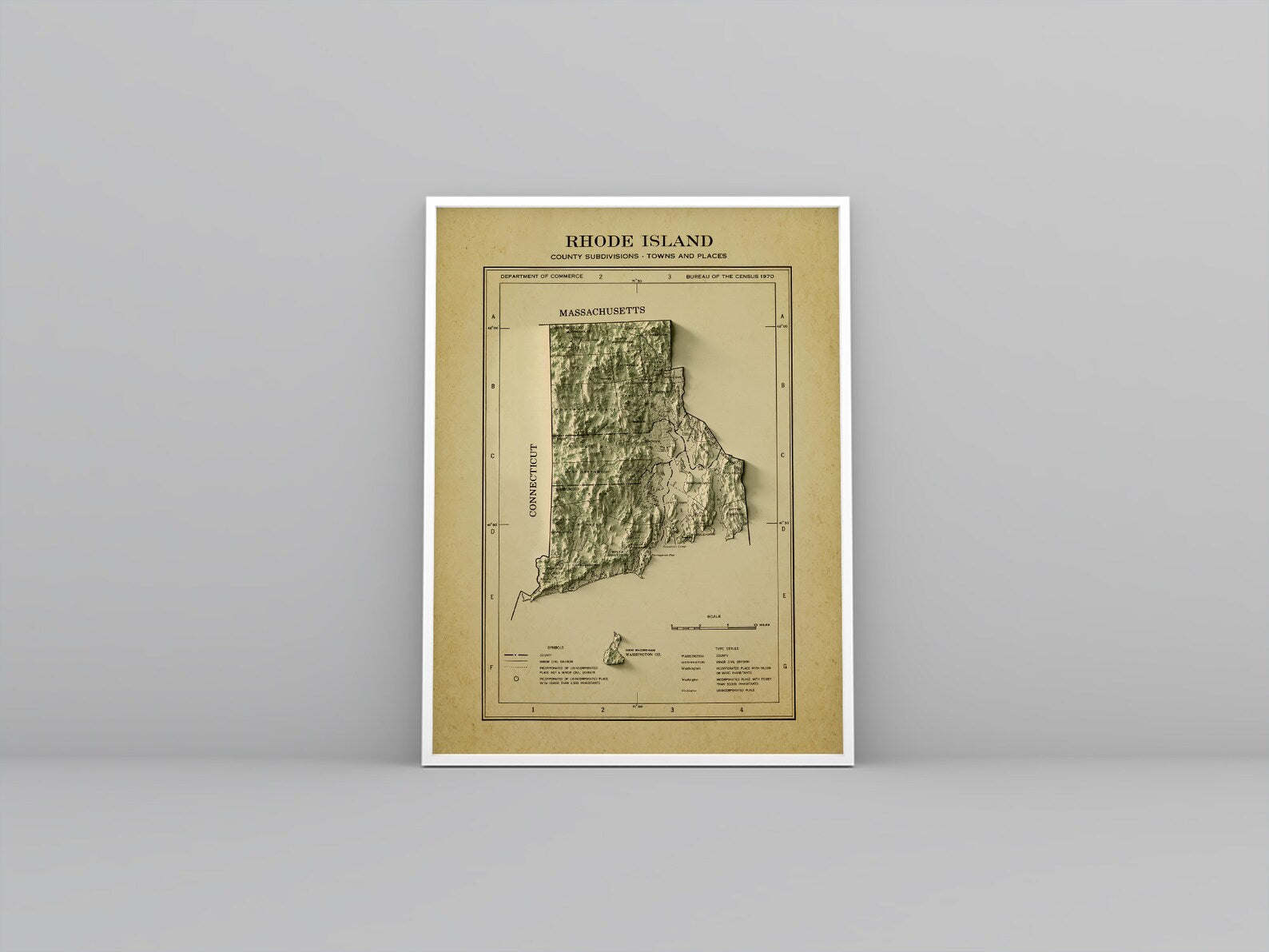 Rhode Island (USA) vintage framed shaded relief map in white frame. Artistic print highlighting mountains with a realistic 3d effect