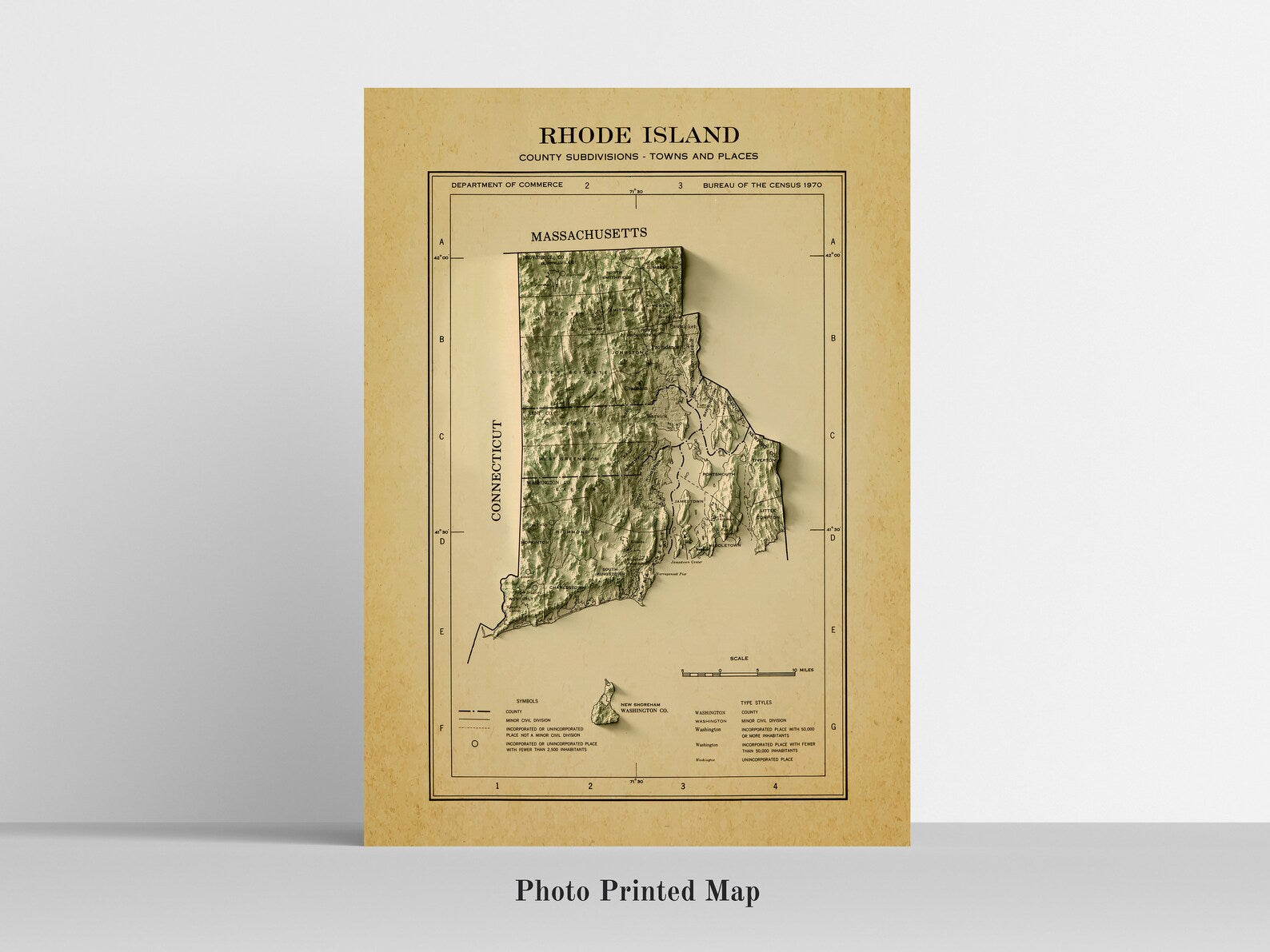 Rhode Island (USA) Shaded relief map print, highlighting topography. Ideal for home decor and geography lovers